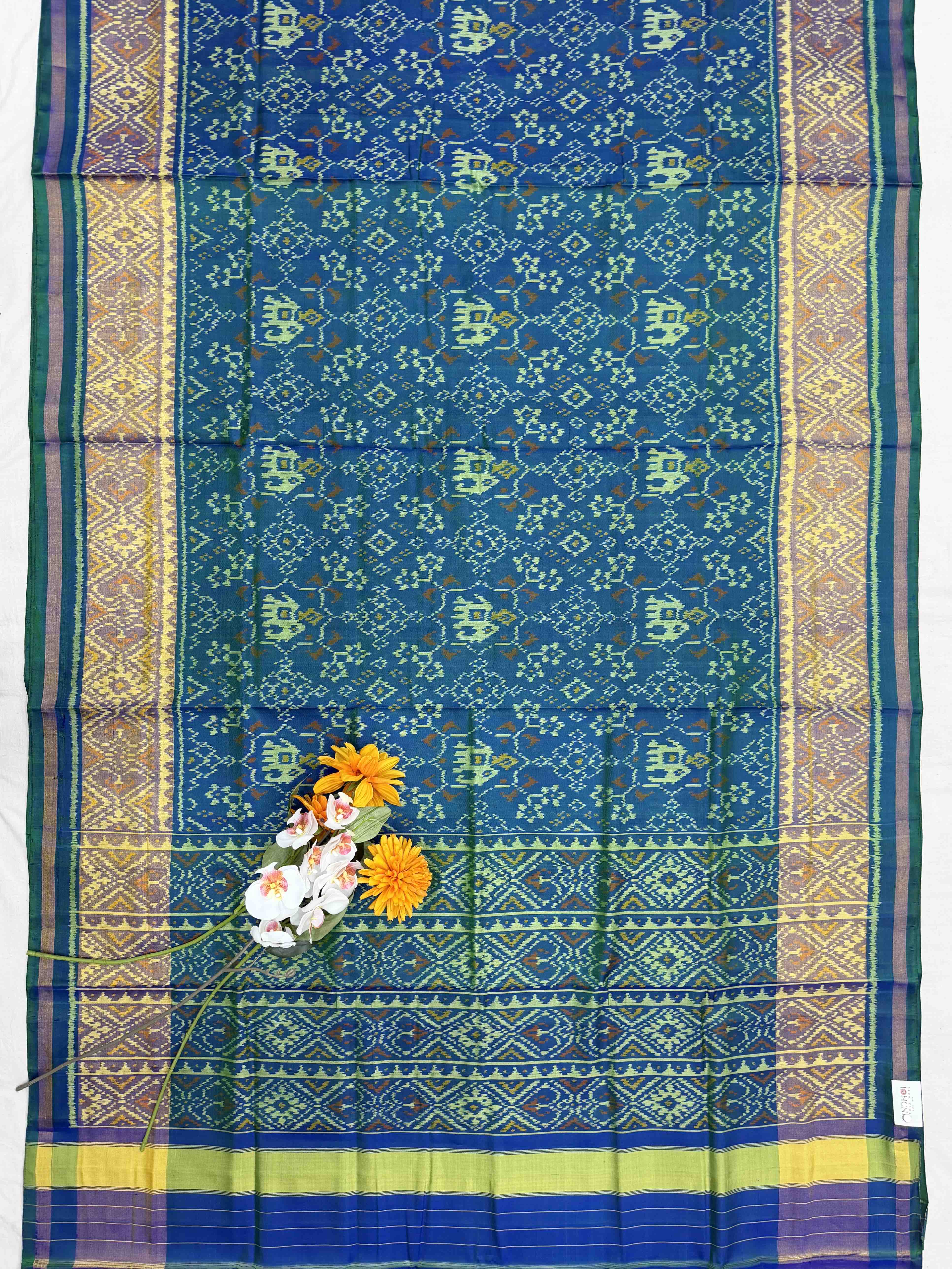 Traditional Peacok blue Rajkot Patola Silk Saree - Handwoven Single Ikat