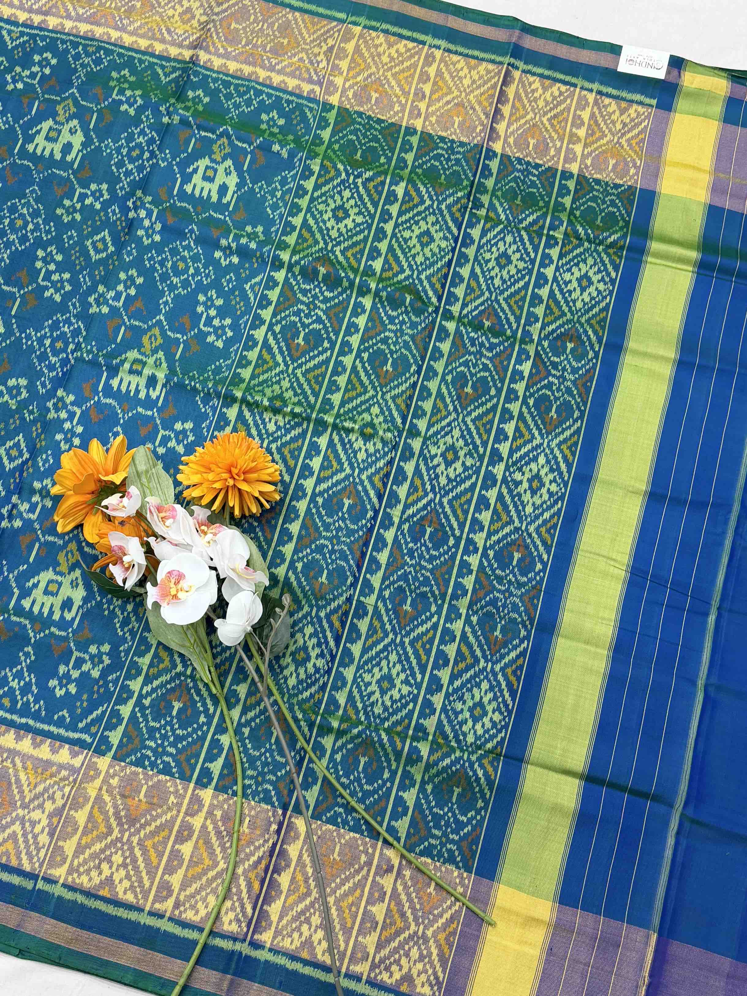 Traditional Peacok blue Rajkot Patola Silk Saree - Handwoven Single Ikat