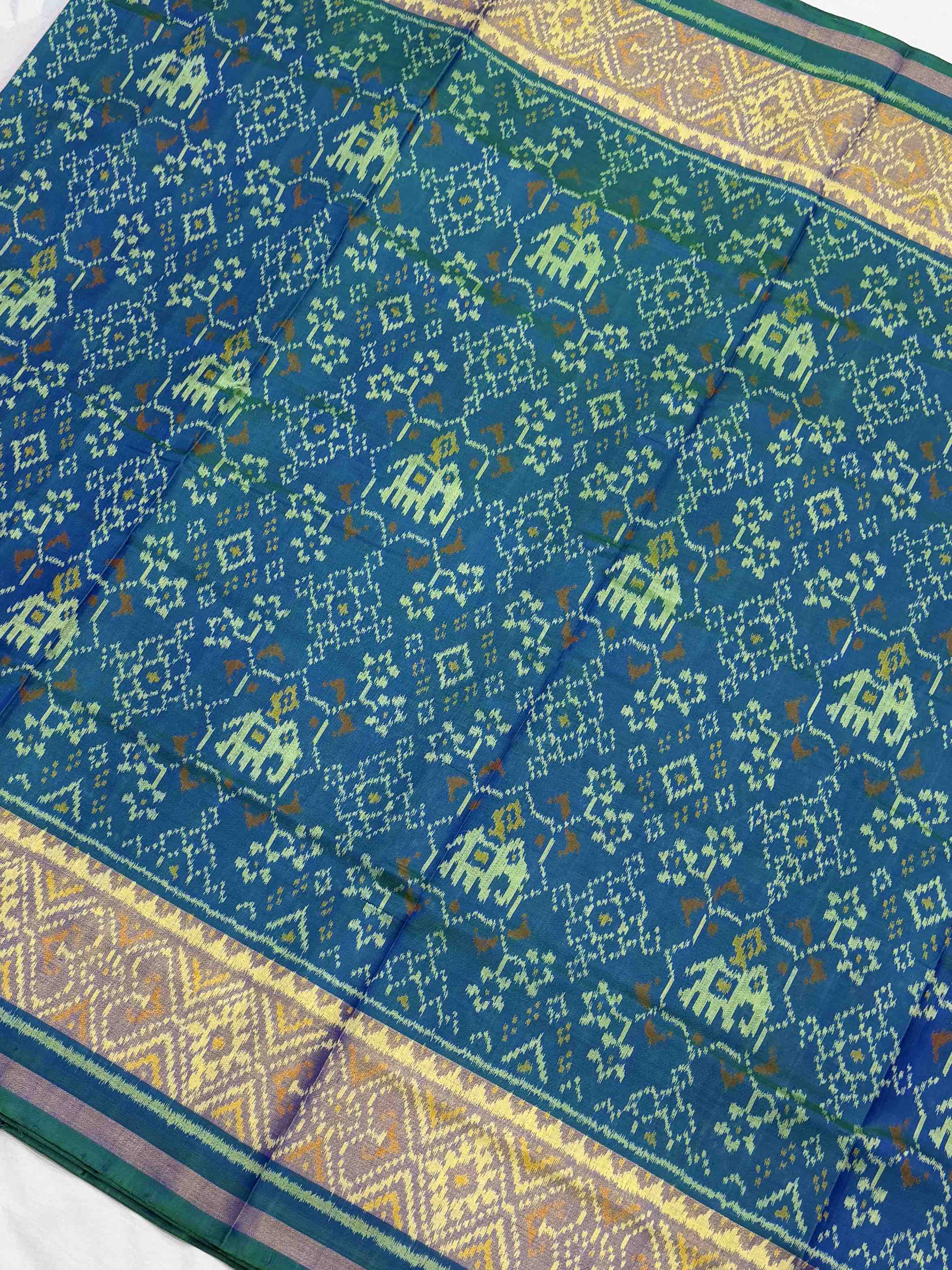 Traditional Peacok blue Rajkot Patola Silk Saree - Handwoven Single Ikat