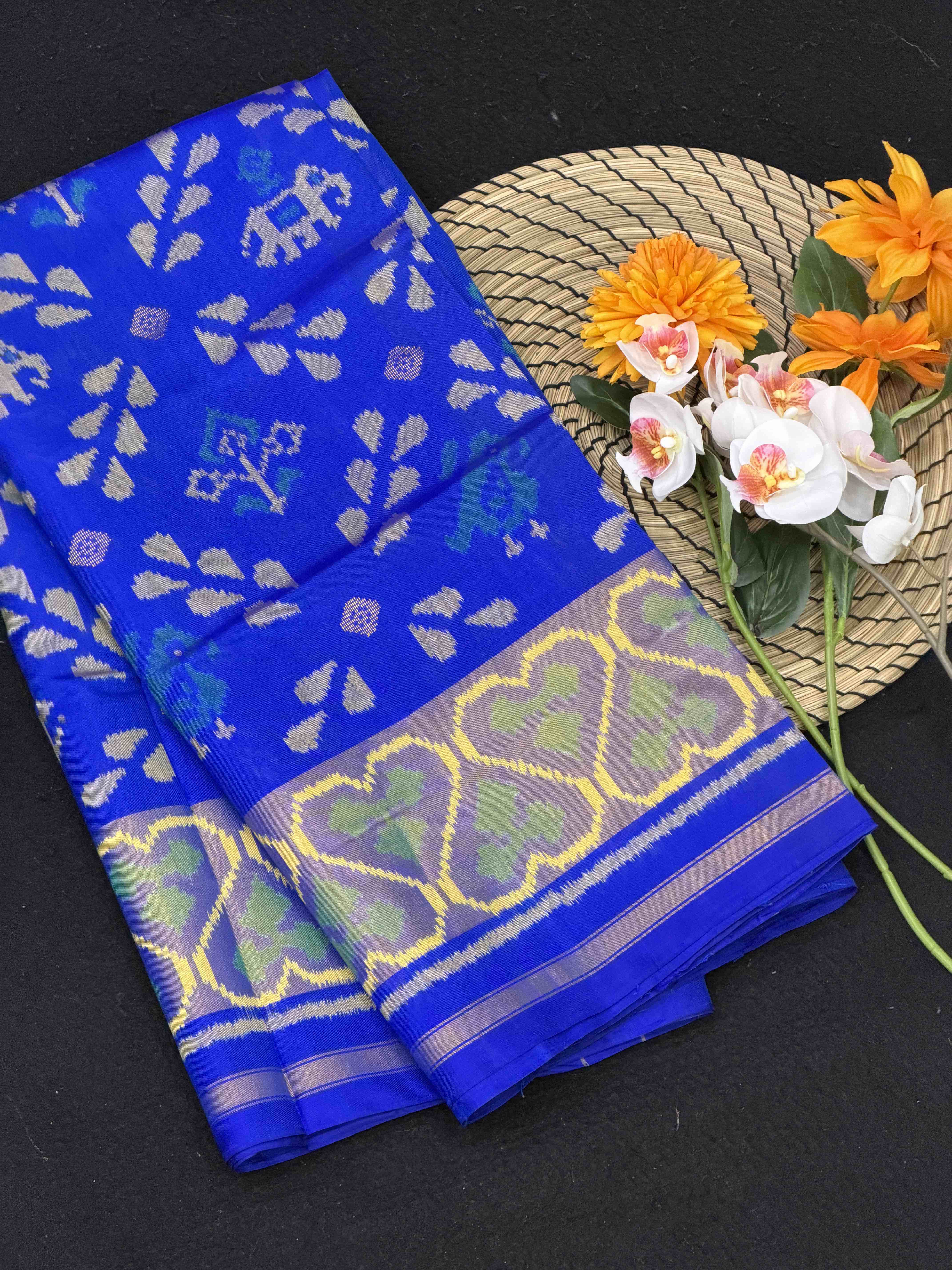 Electric Blue zari butti leave and narikunj fusion rajkot patola