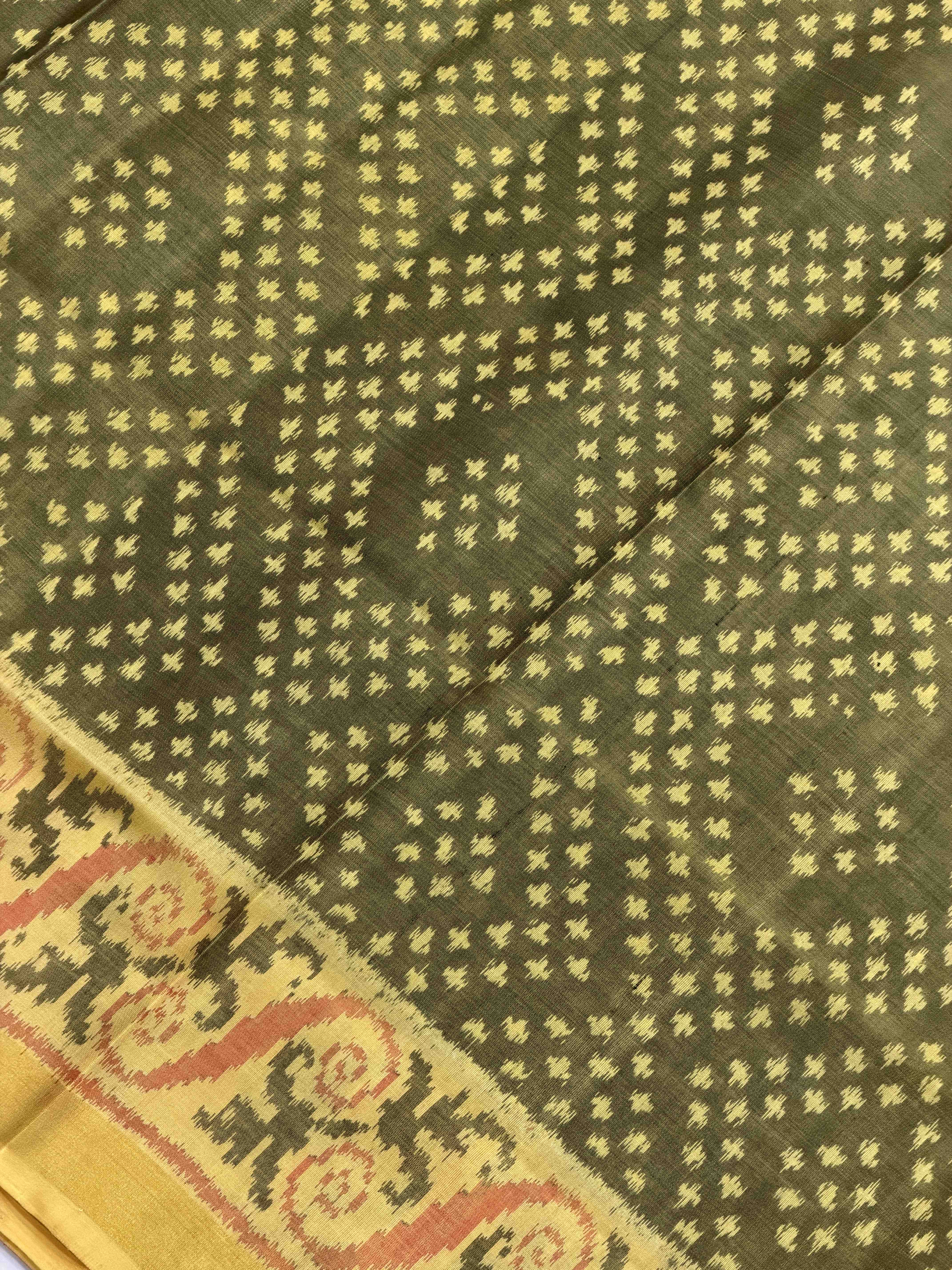 Light Yellow & mahedi designer single ikat patola saree