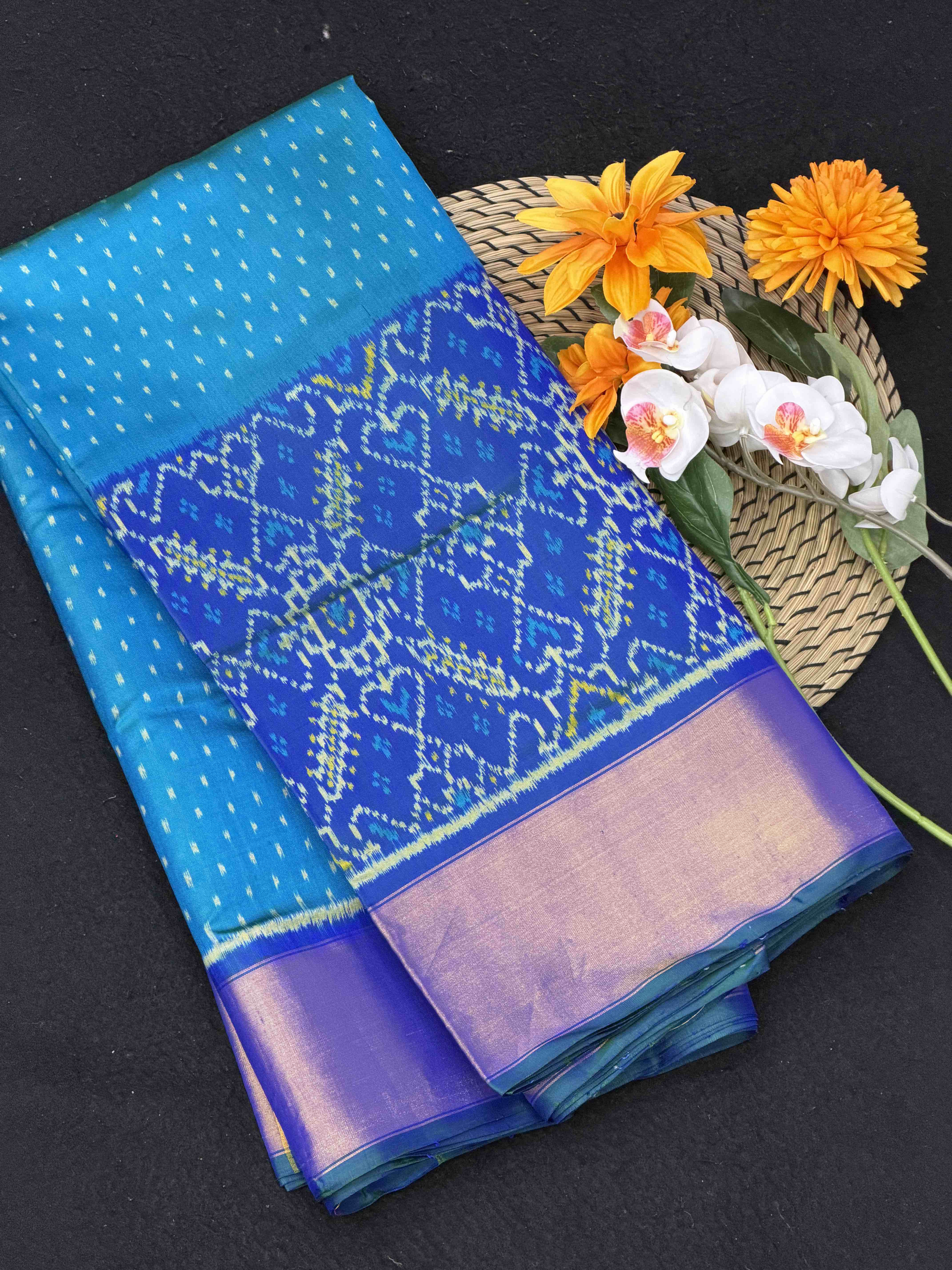 Peacock blue skirt border Patola Saree