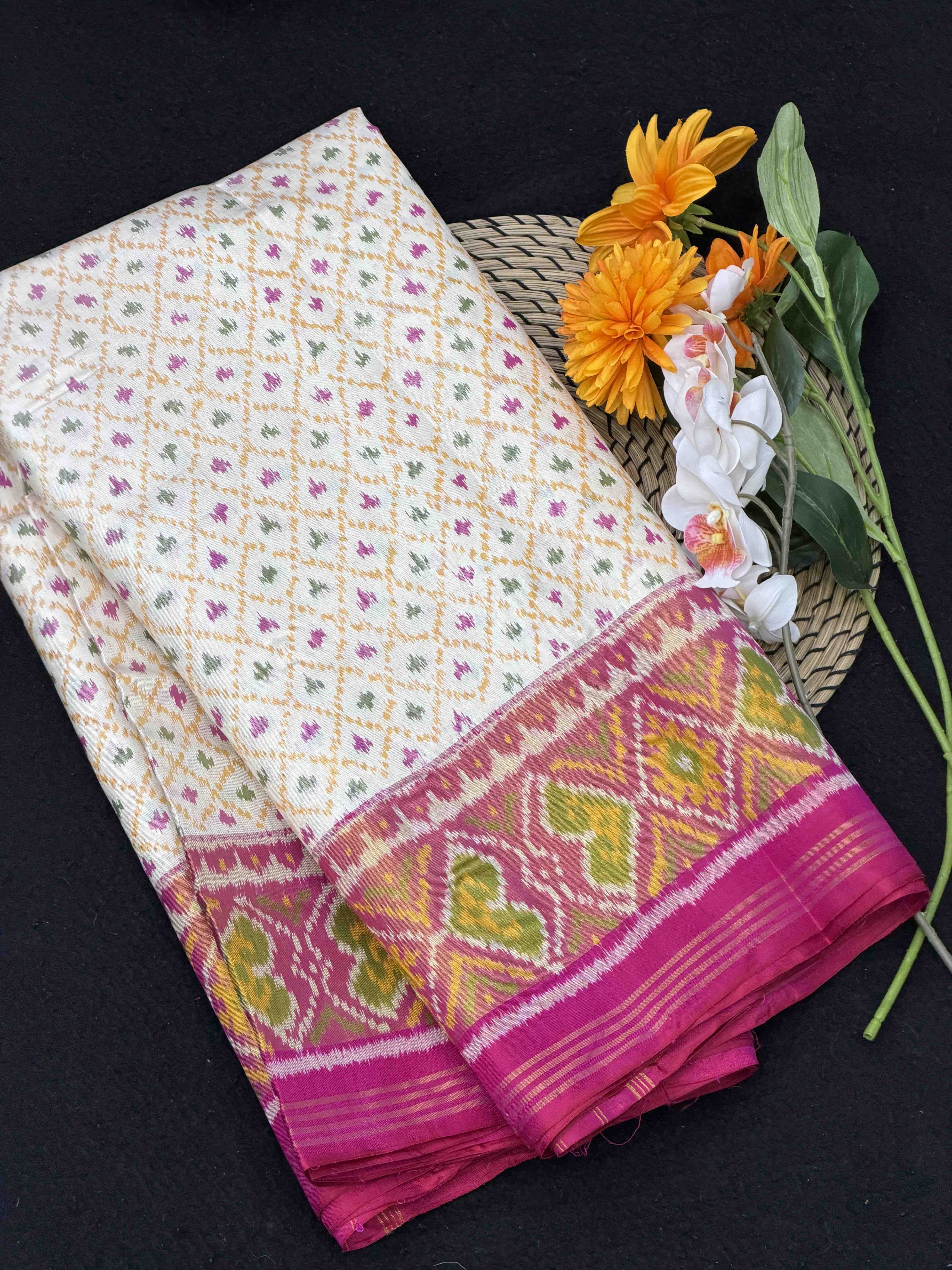 Pink & White Tissue Border Rajkot Patola Saree