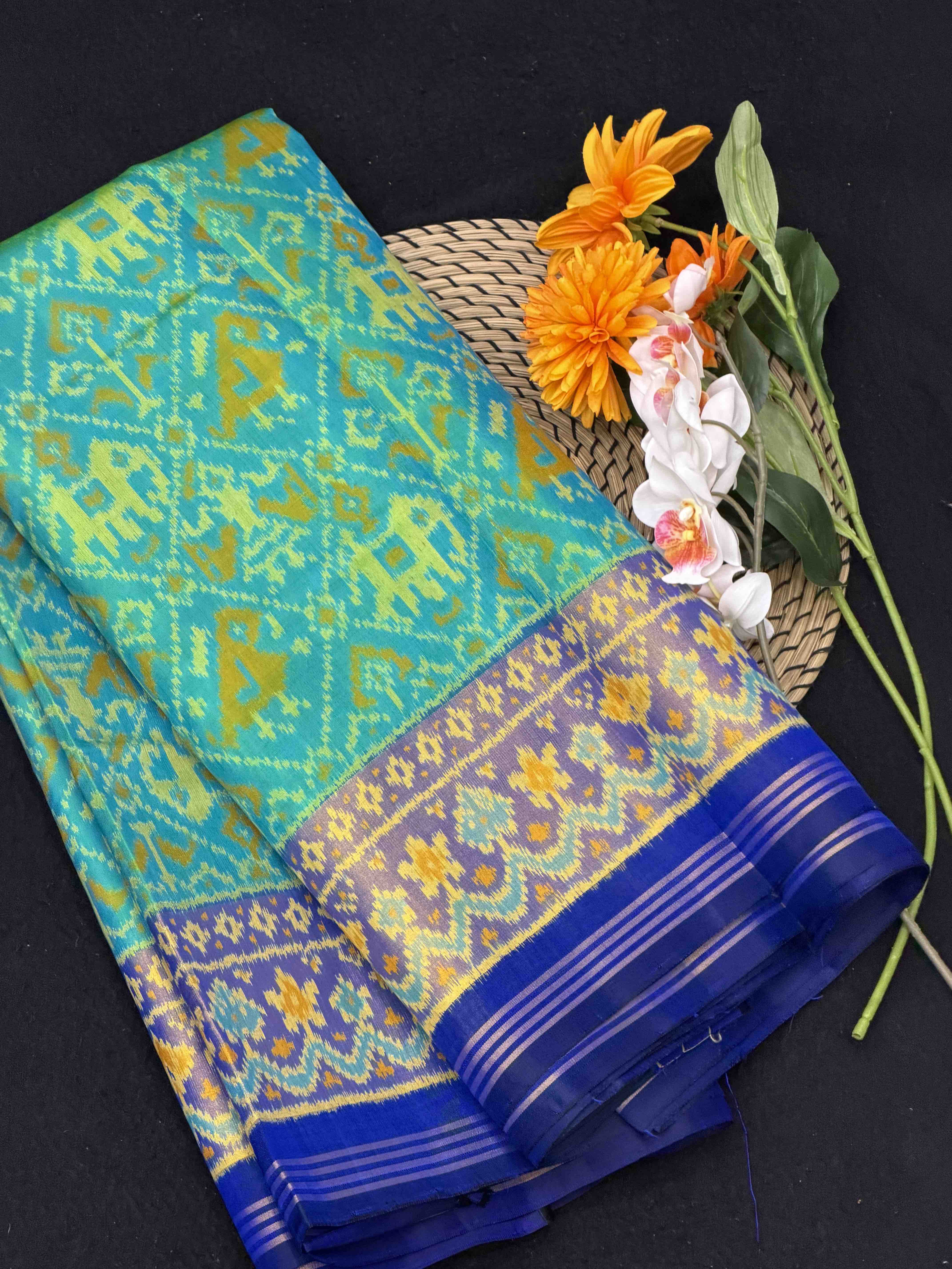 Sea Green & Blue Narikunj Tissue Border Rajkot Patola Saree