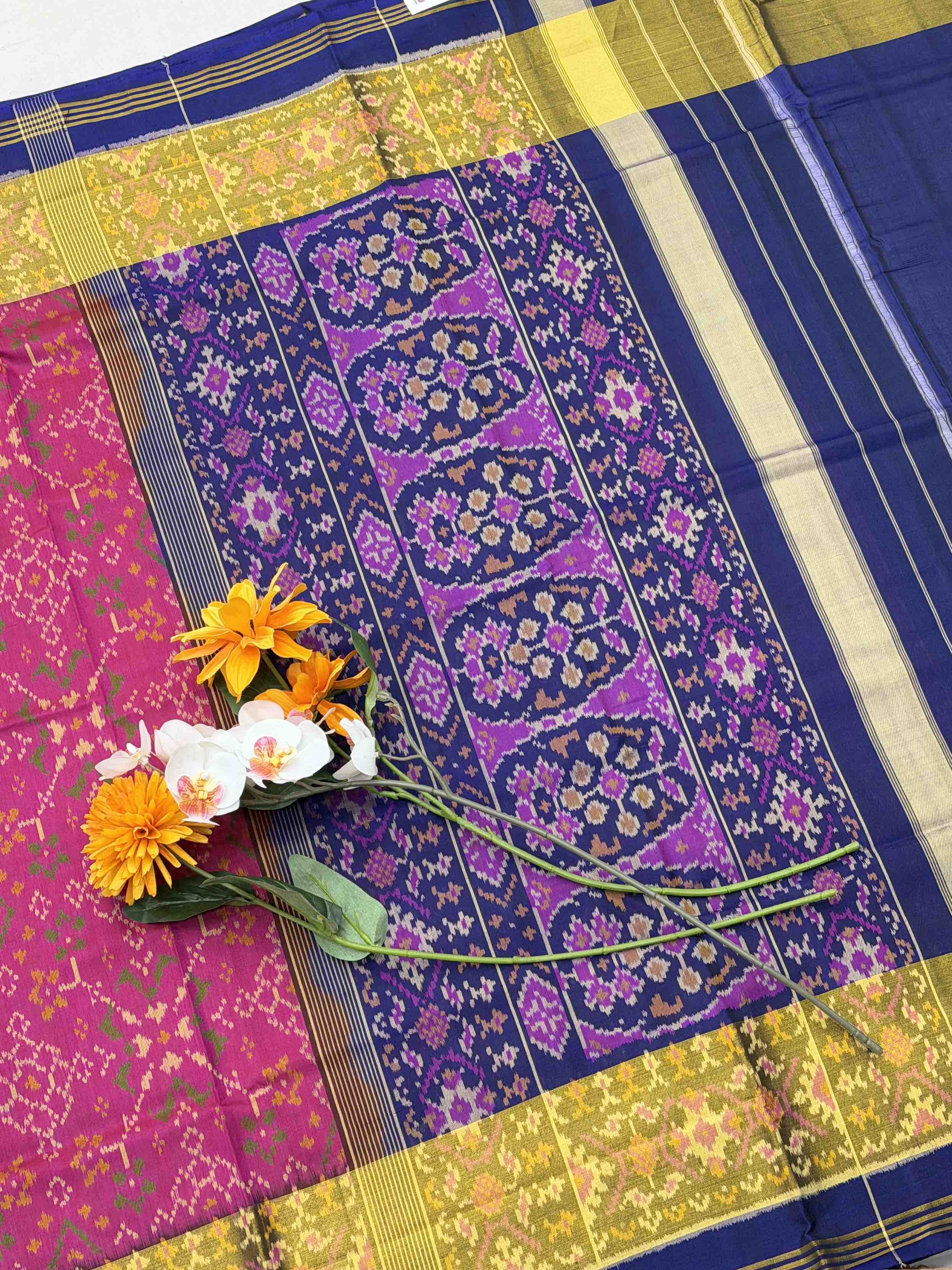 Pink & Blue Navaratan Tissue Border Rajkot Patola Saree