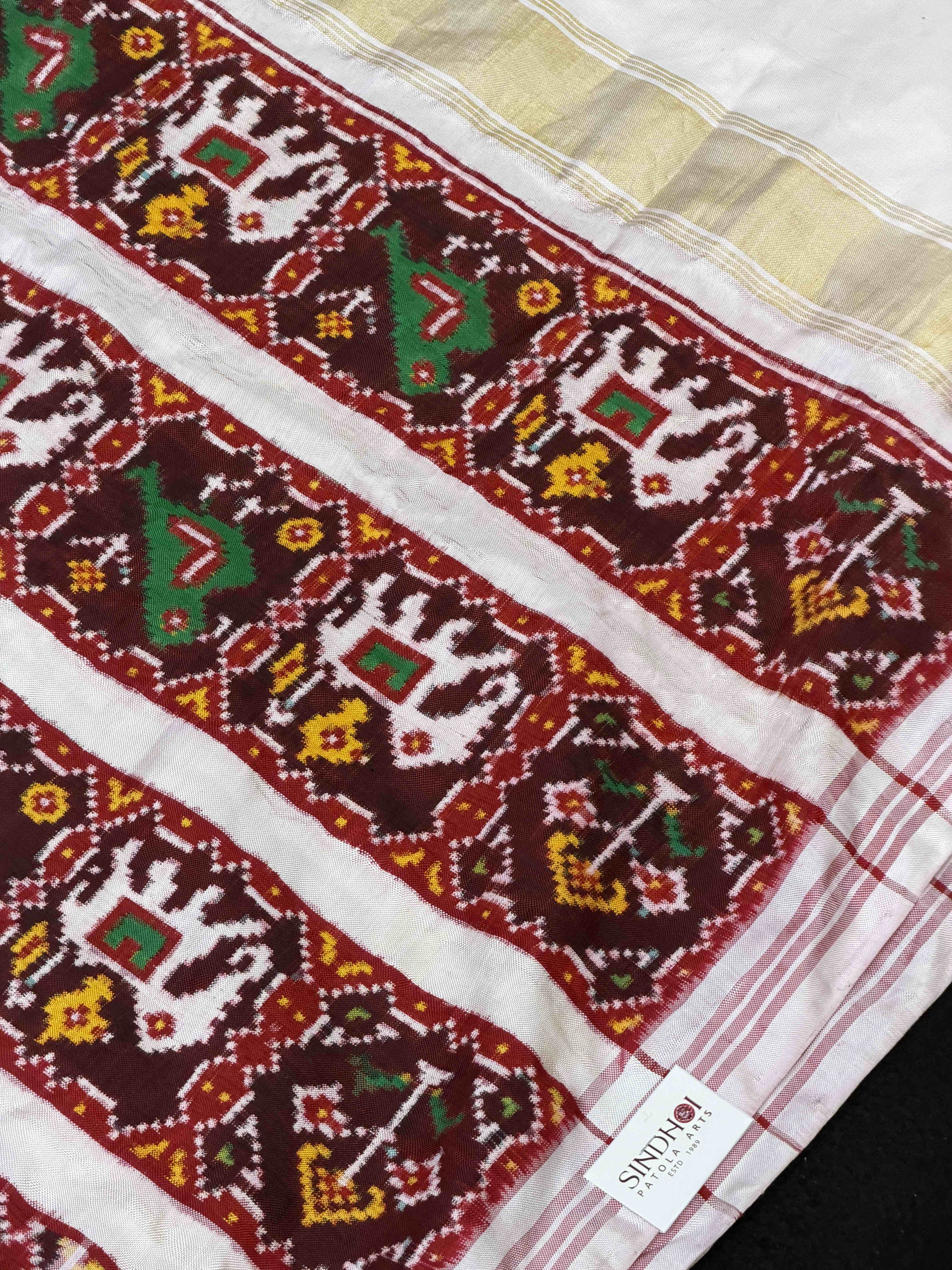White & Red Navaratan Double Ikat Patola Saree