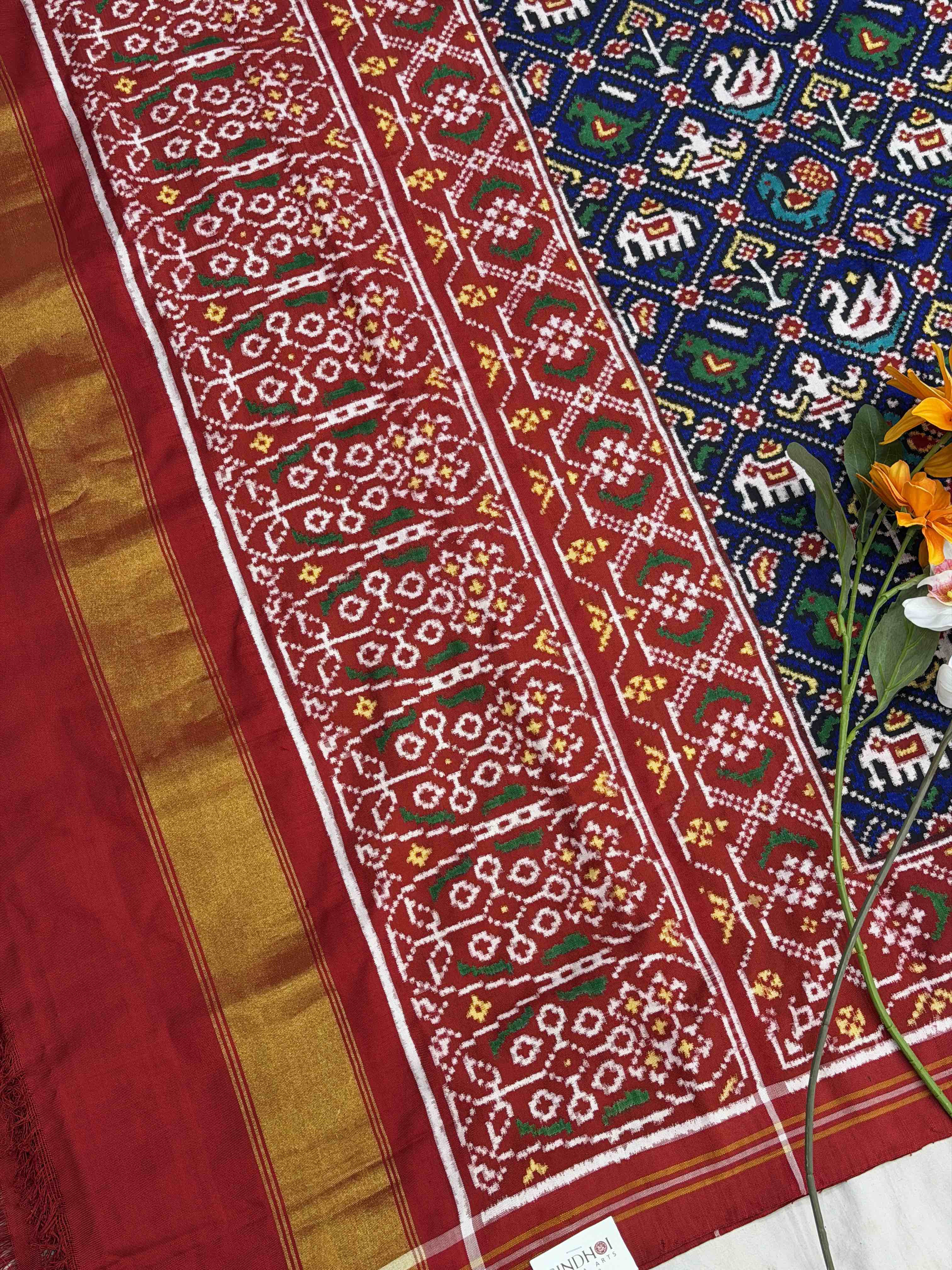 Red & Blue Narikunj Double Ikat Patola Saree