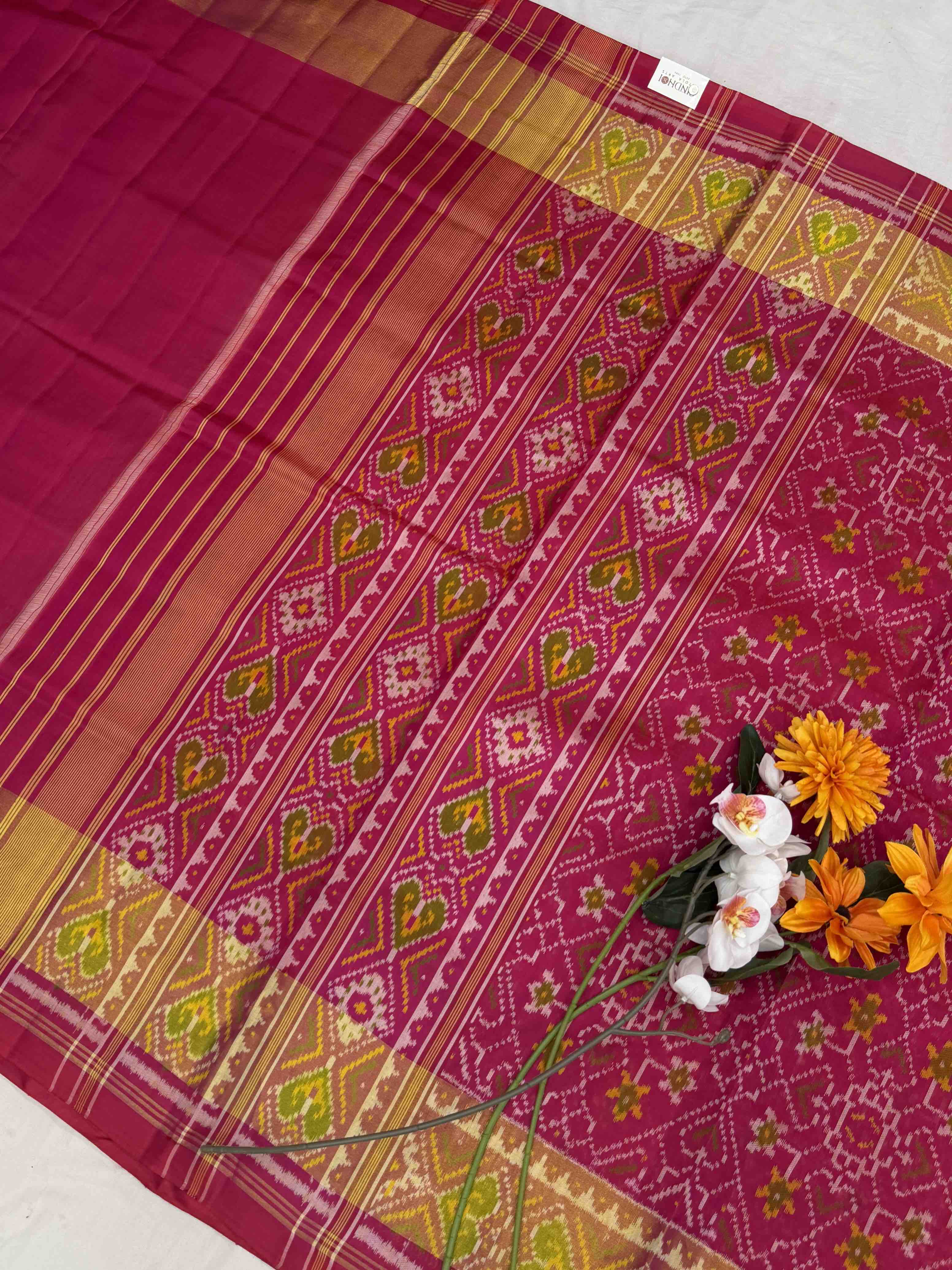 Pink Manekchawk Mix Tissue Border Rajkot Patola Saree