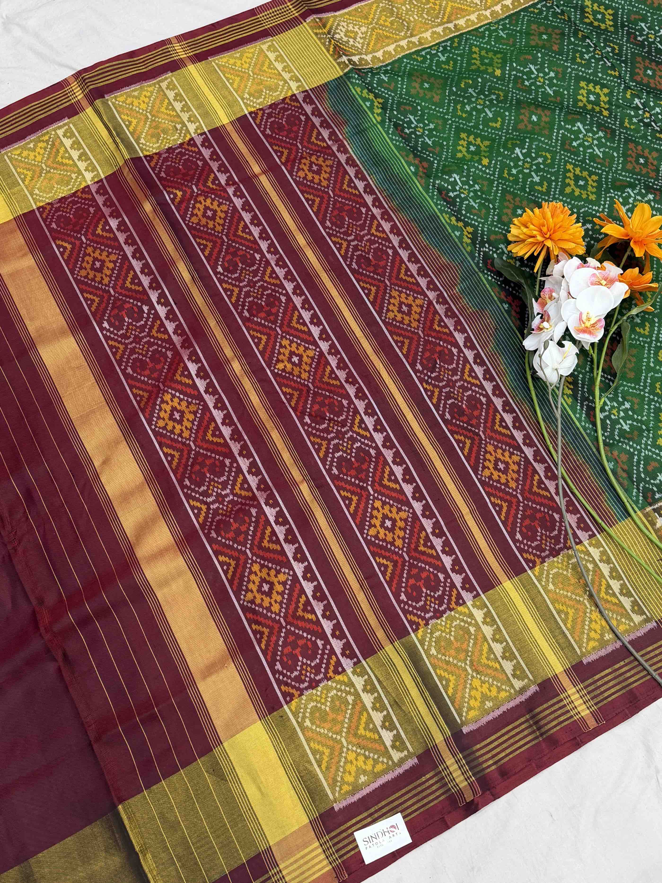 Maroon & Green Panchanda Rajkot Patola Saree