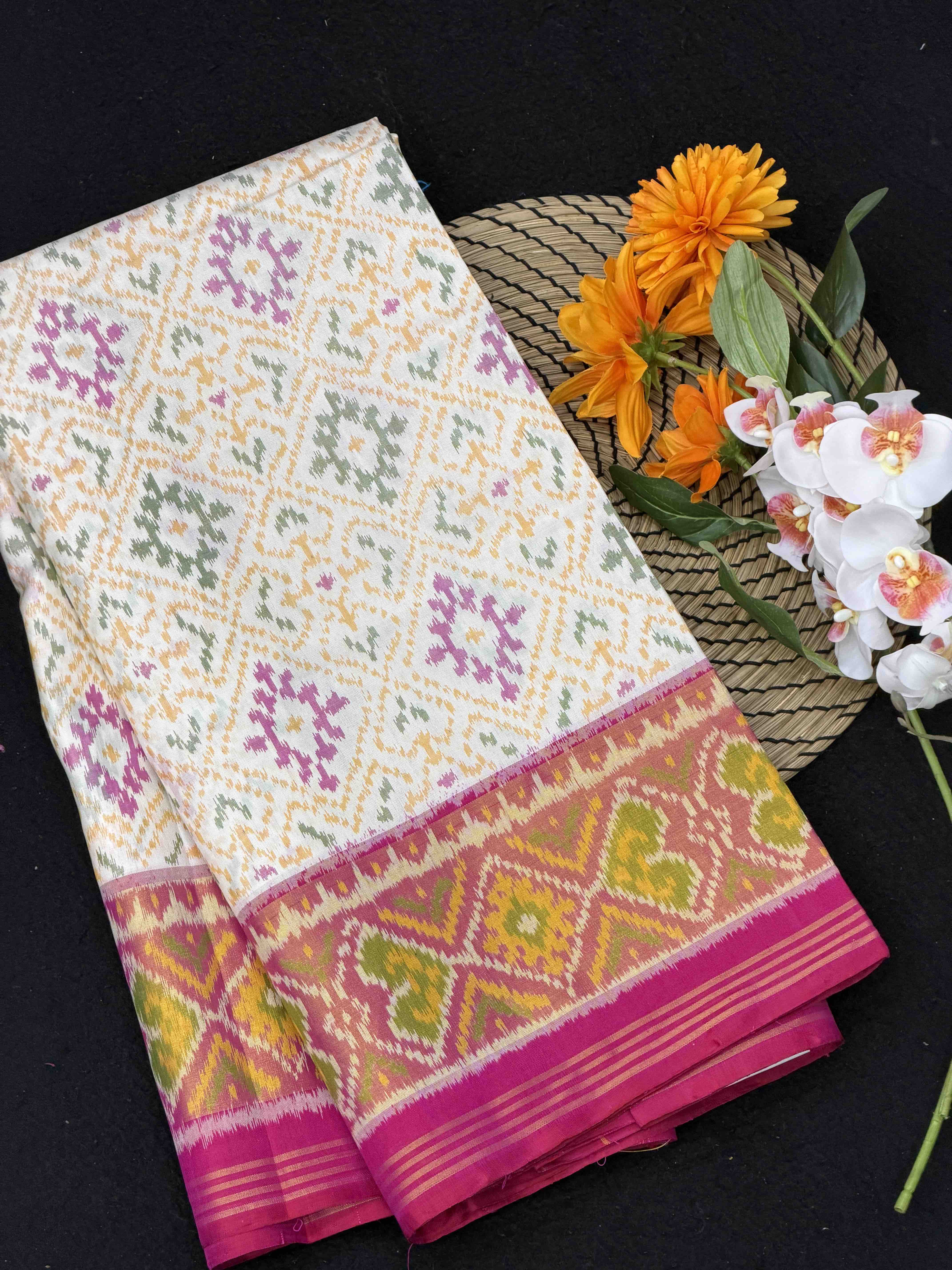 Pink & white panchanda rajkot Patola Saree