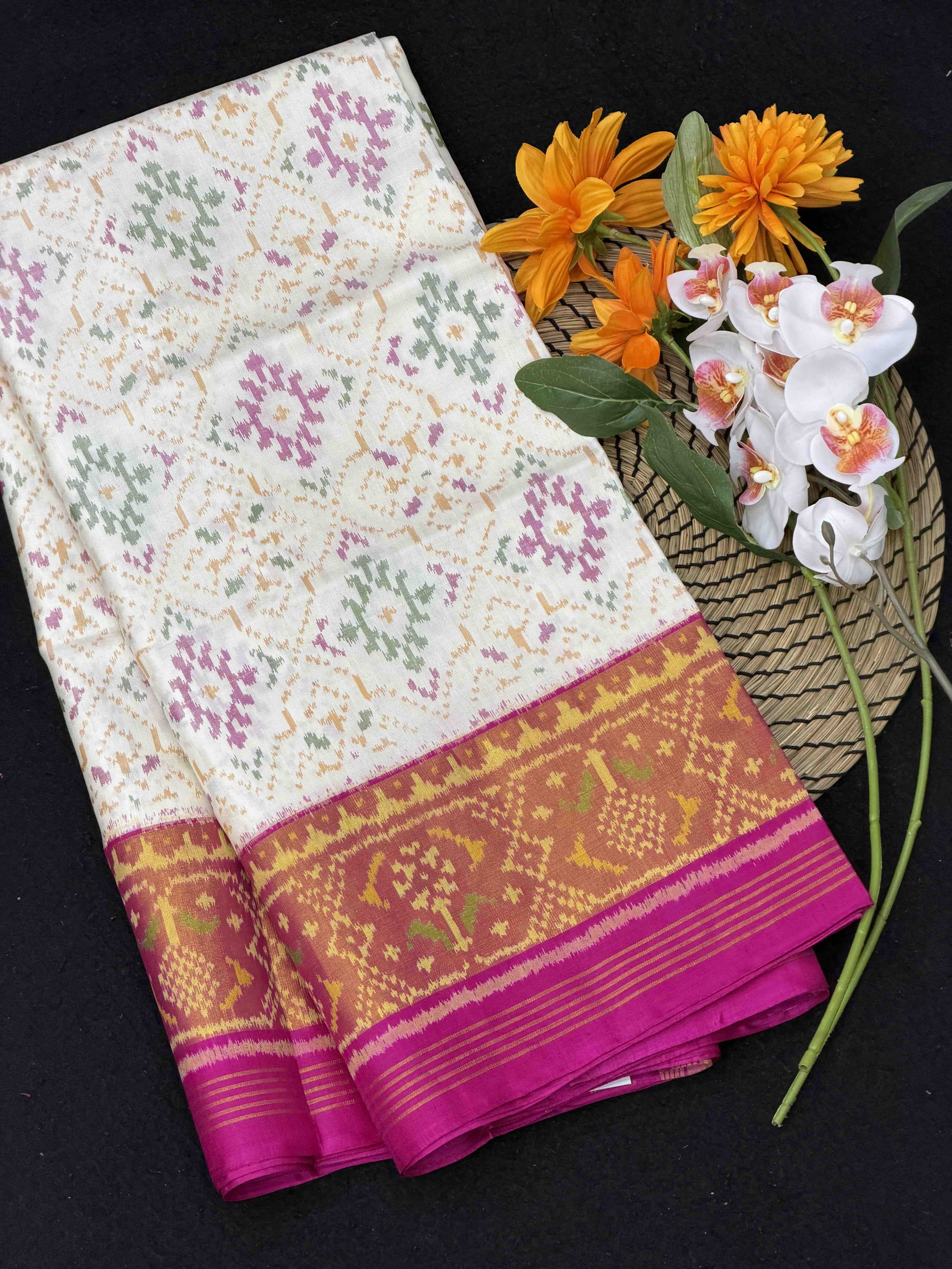 Pink & off white Panchanda Rajkot Patola Saree