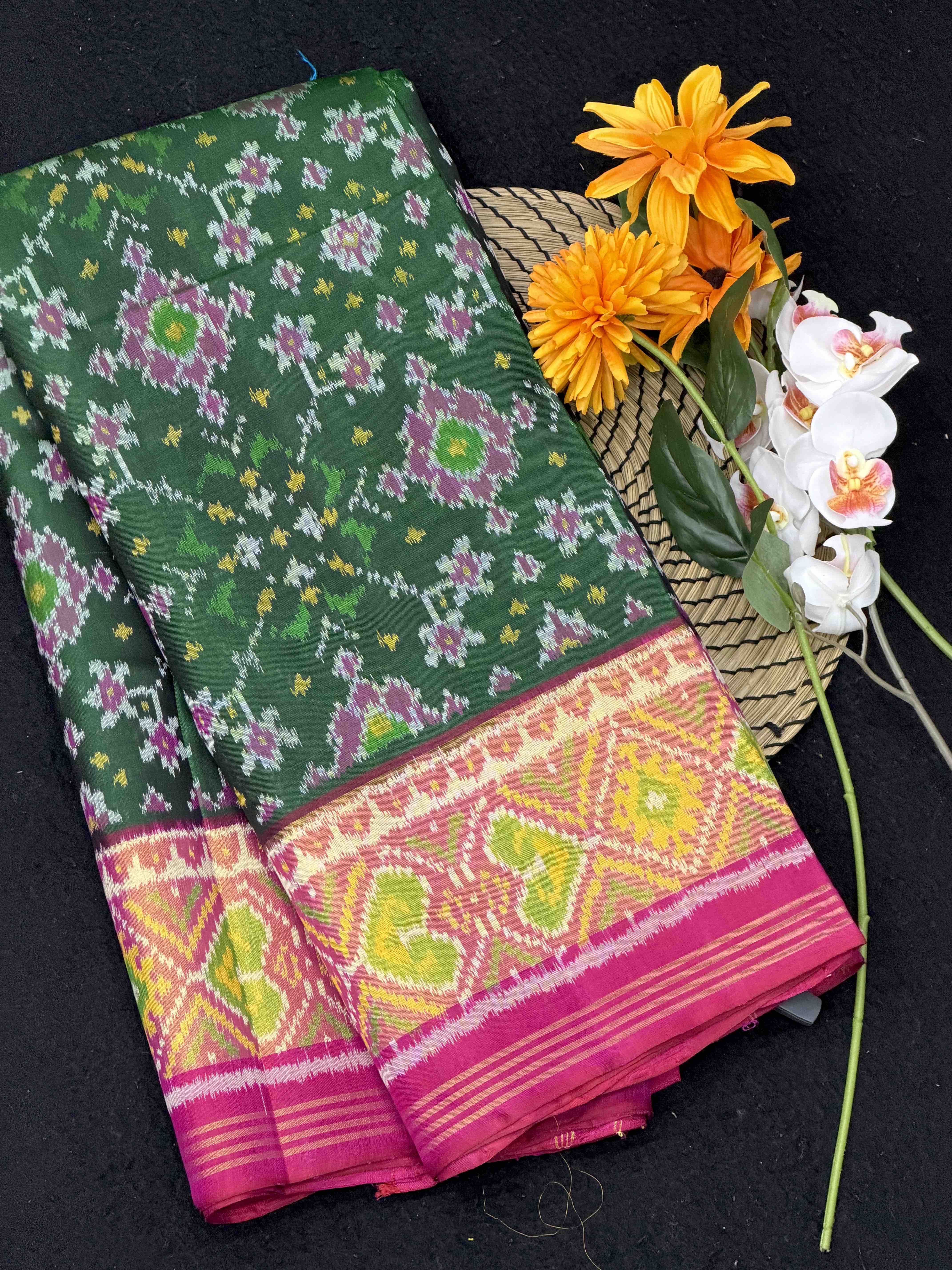 Pink & Green Navaratan Tissue border Patola Saree