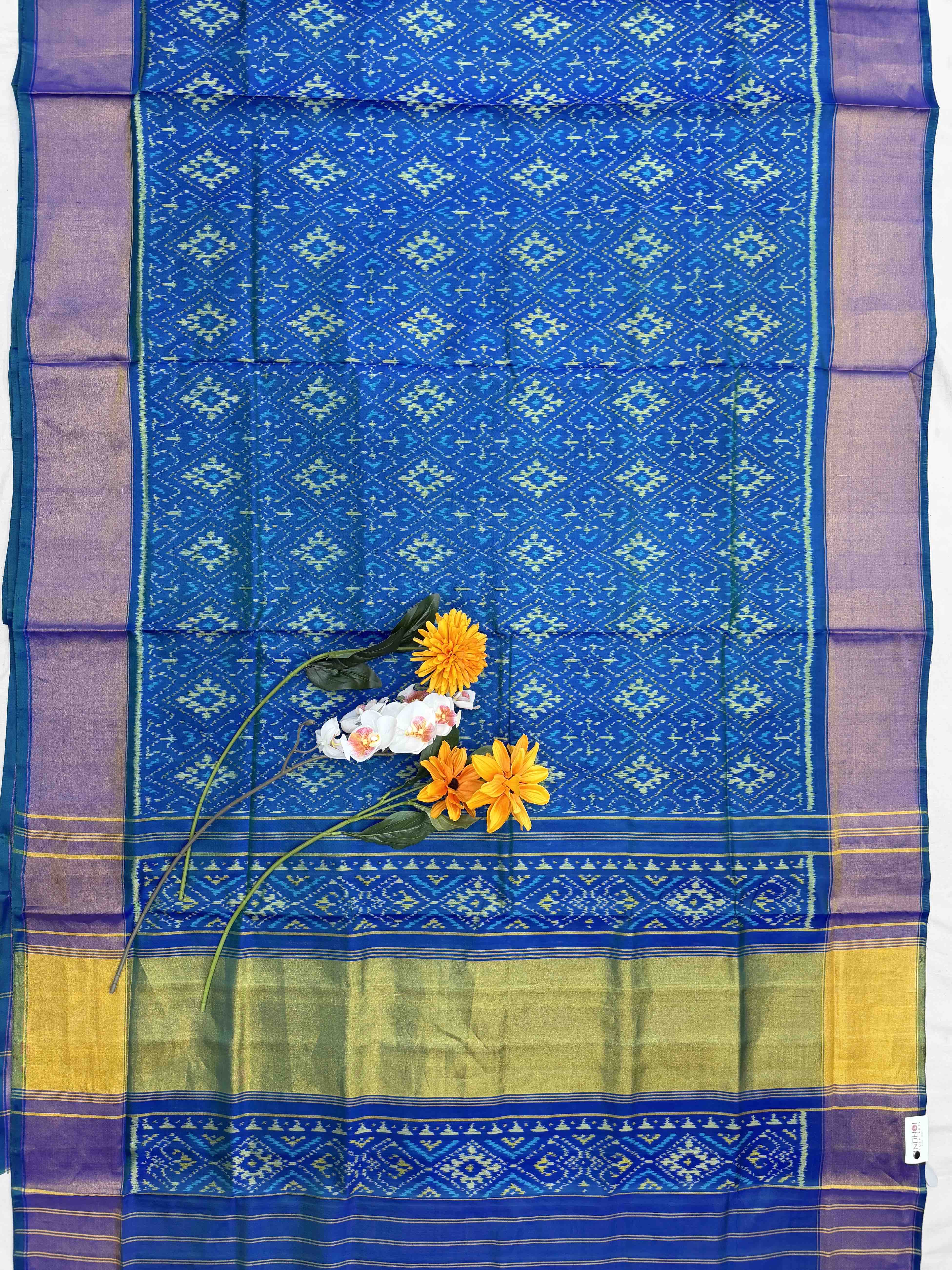 Peacock Blue Broad tissue border Rajkot Patola Saree