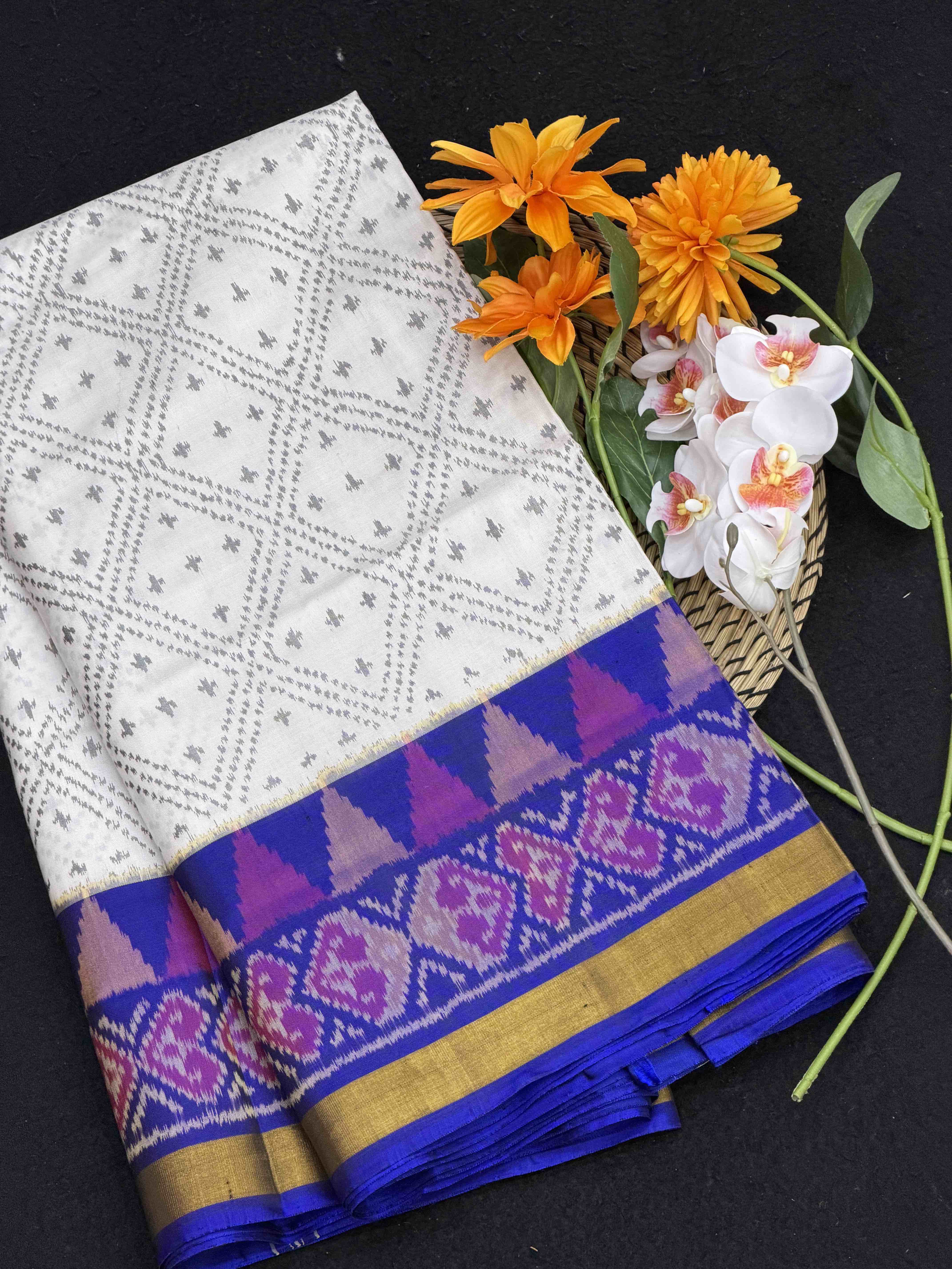 Blue & White diamond chex Rajkot Patola Saree