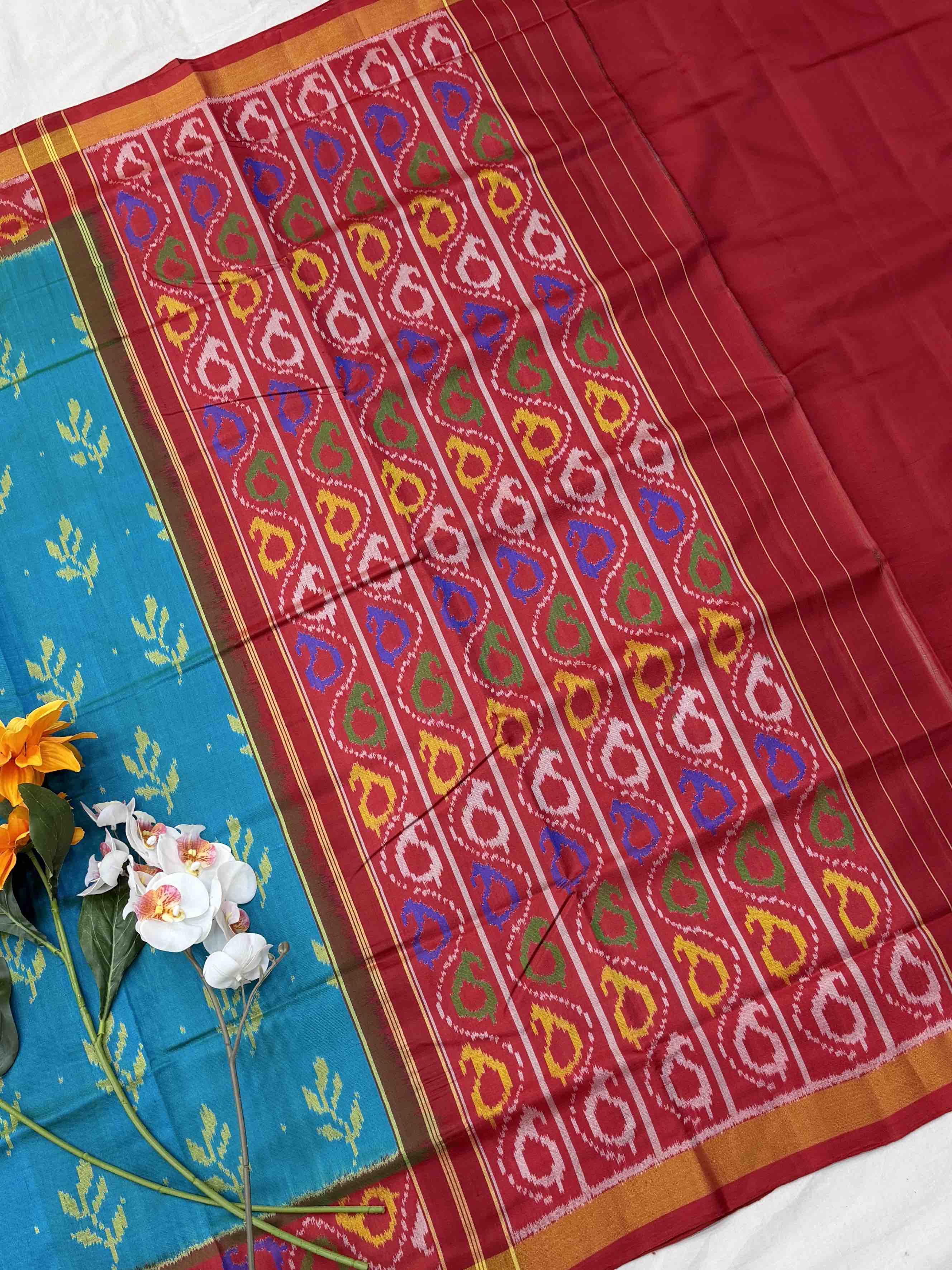 Red & Teal blue 5 leaves fancy Patola Saree
