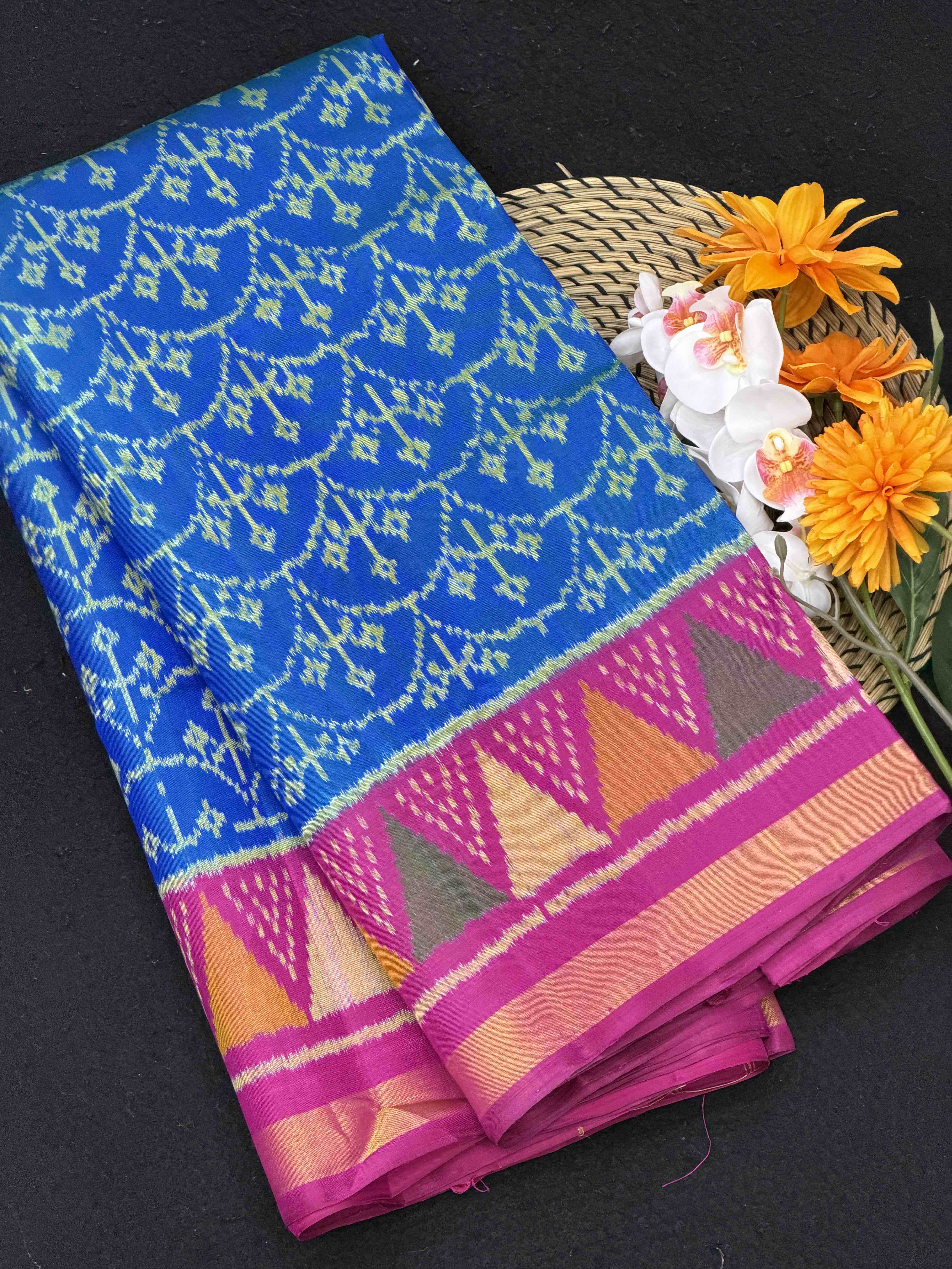 Pink & Peacok blue palm leaf Patola Saree