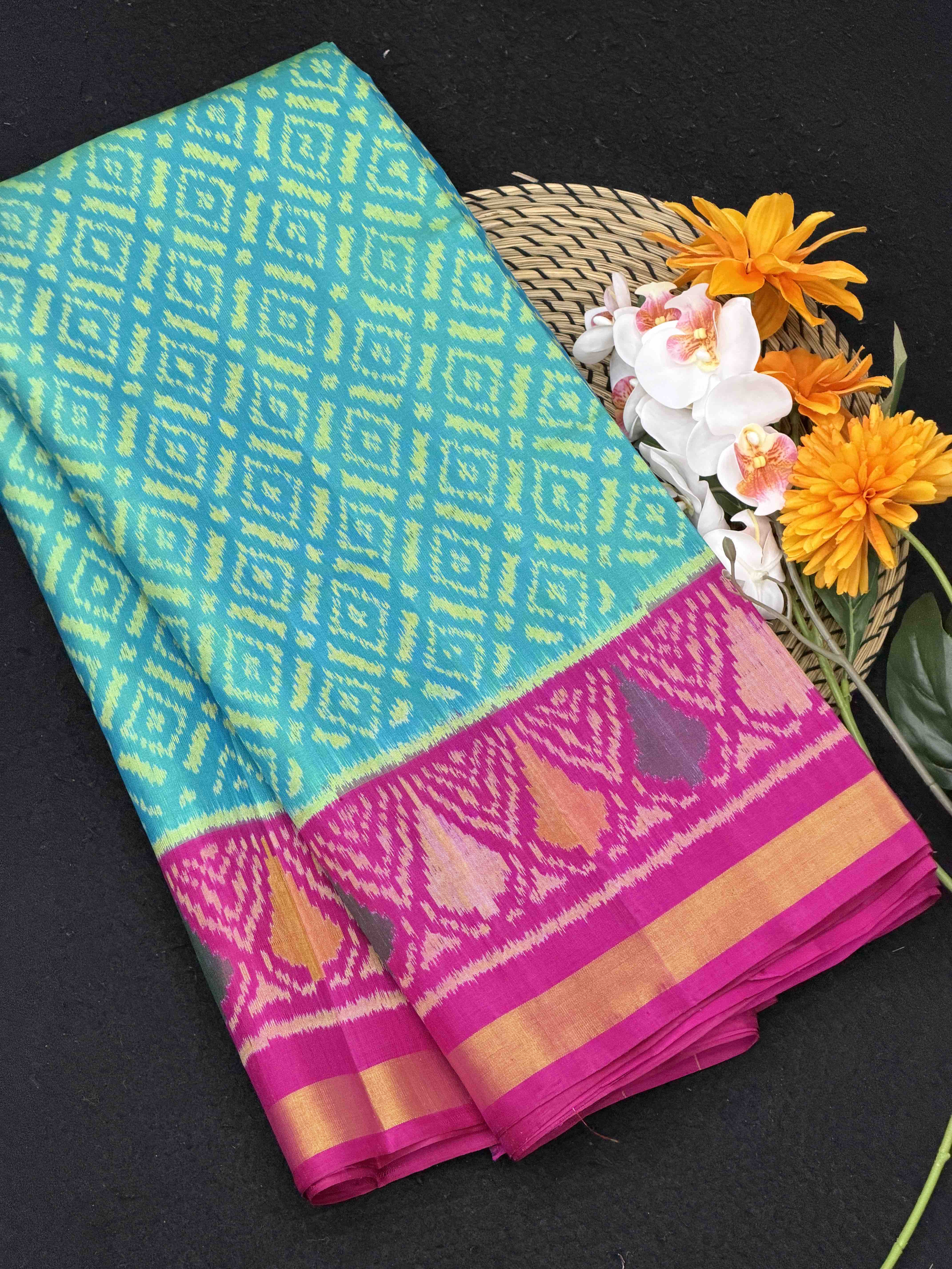 Pink & Aqua Blue Beautiful Patola Saree in small zari border
