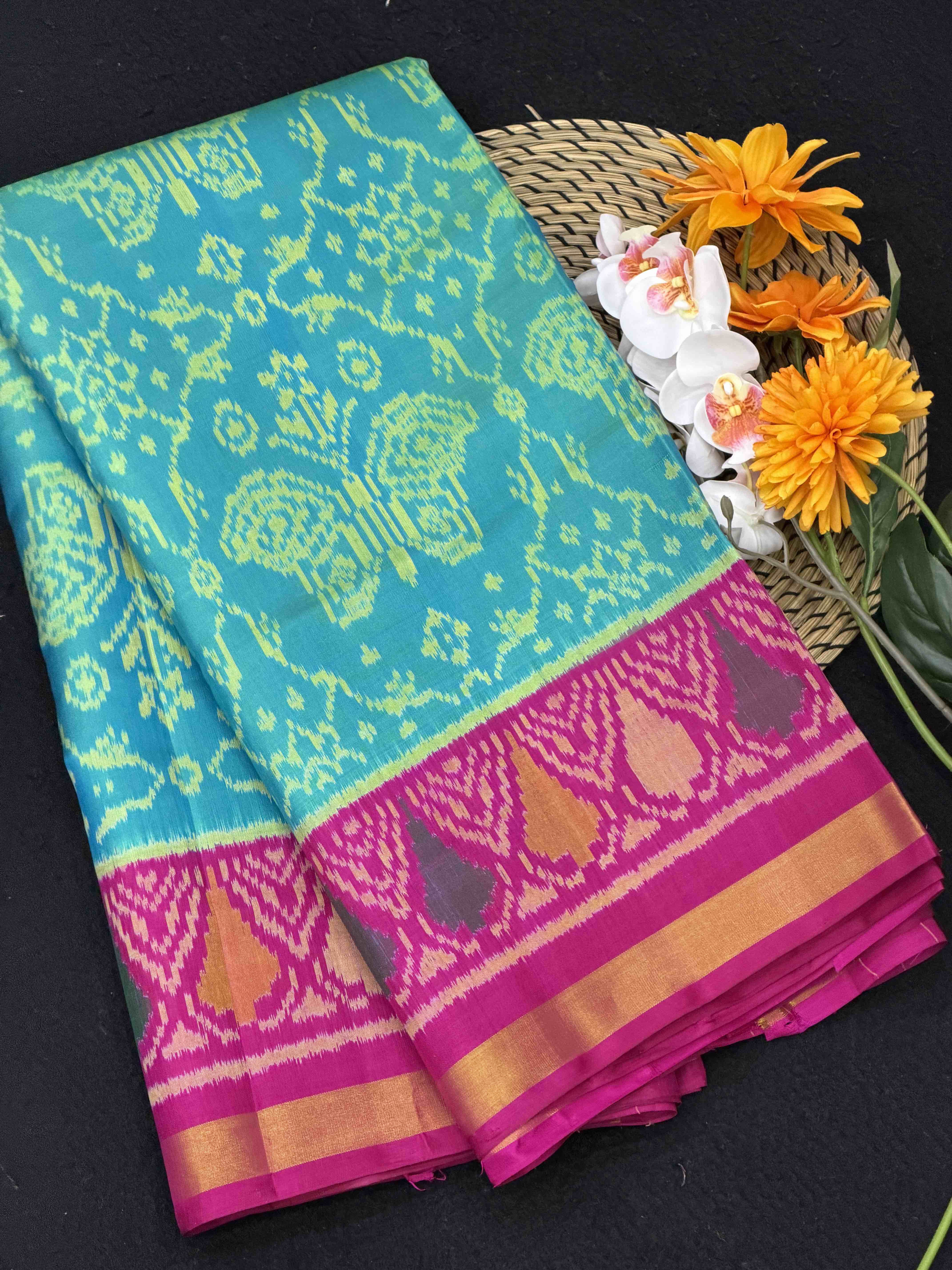 Pink & Cyan chhabdi butterfly Rajkot Patola Saree