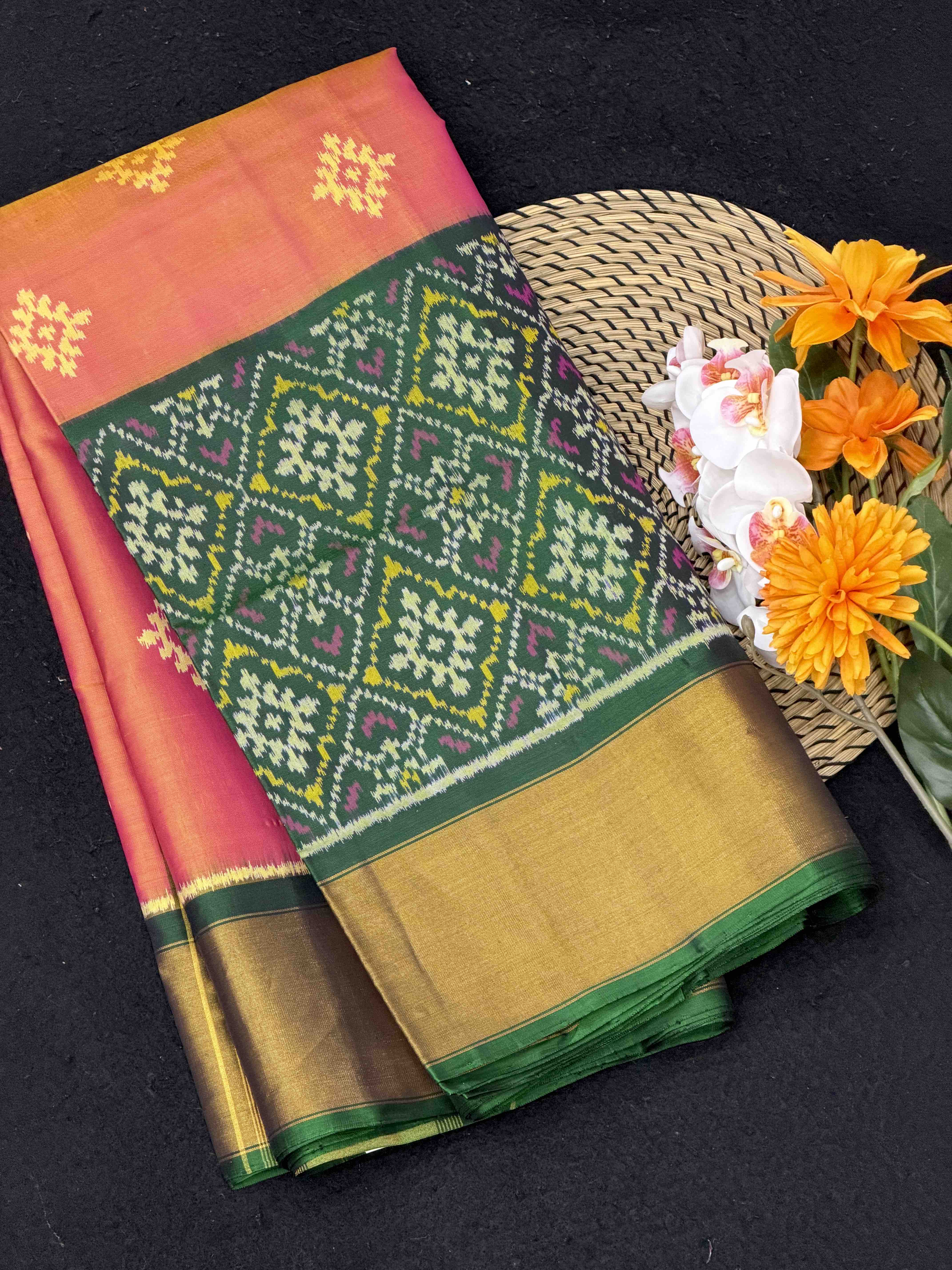 Green & peach skirt border Patola Saree