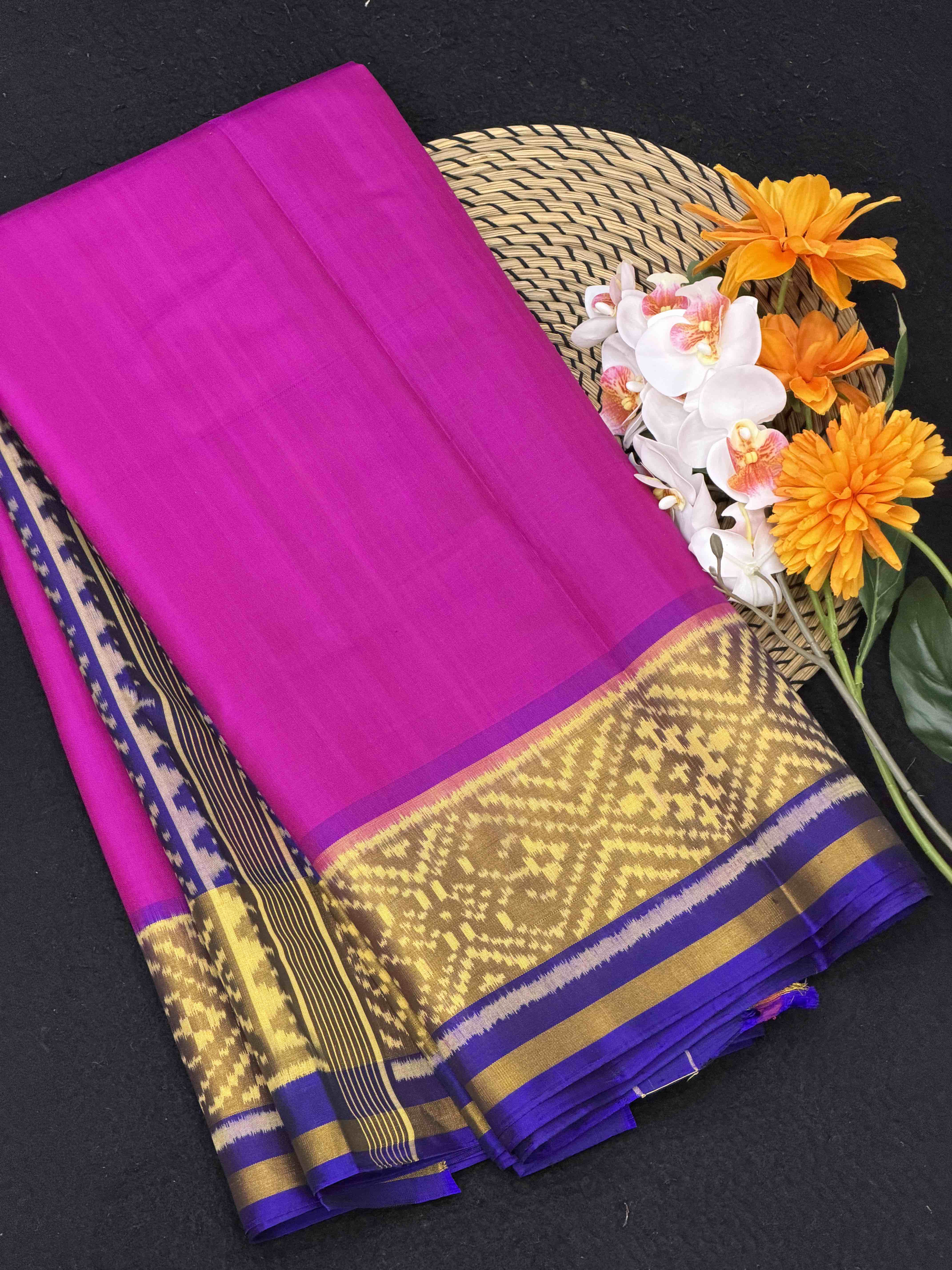 Bluish purple & pink gala border patola saree