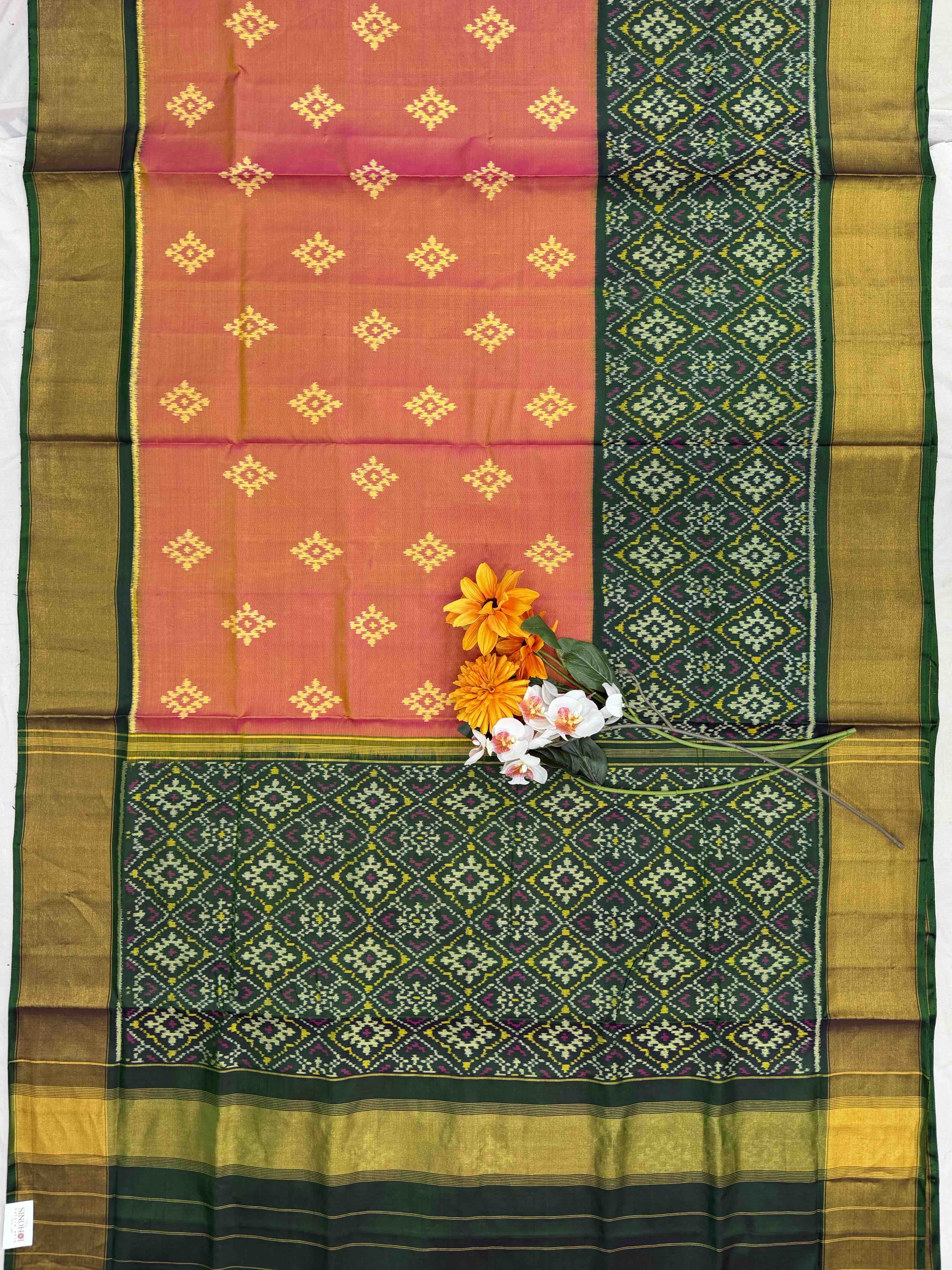 Green & peach skirt border Patola Saree