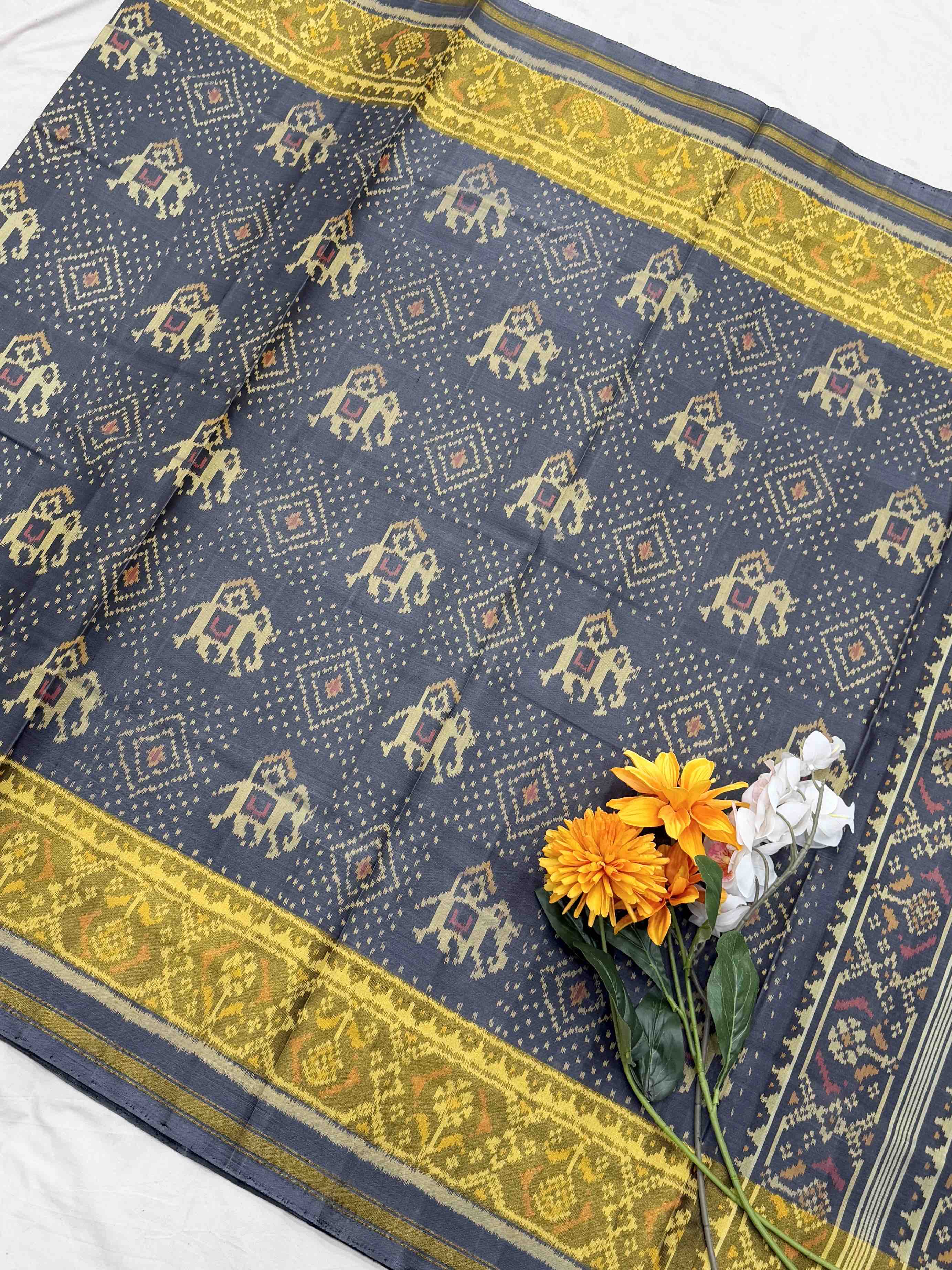 Grey Bandhani & Hathi design Rajkot Patola Saree