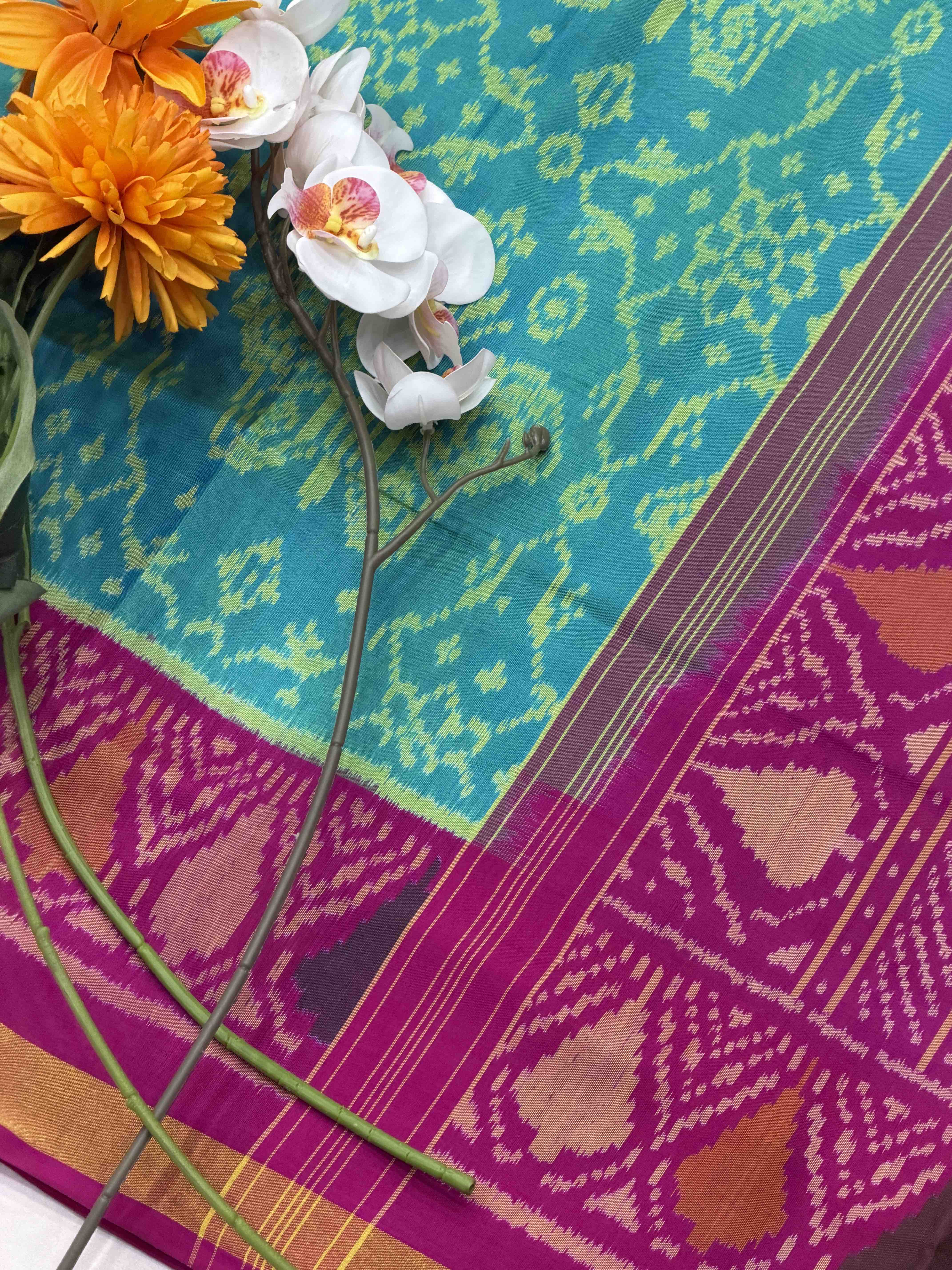 Pink & Cyan chhabdi butterfly Rajkot Patola Saree