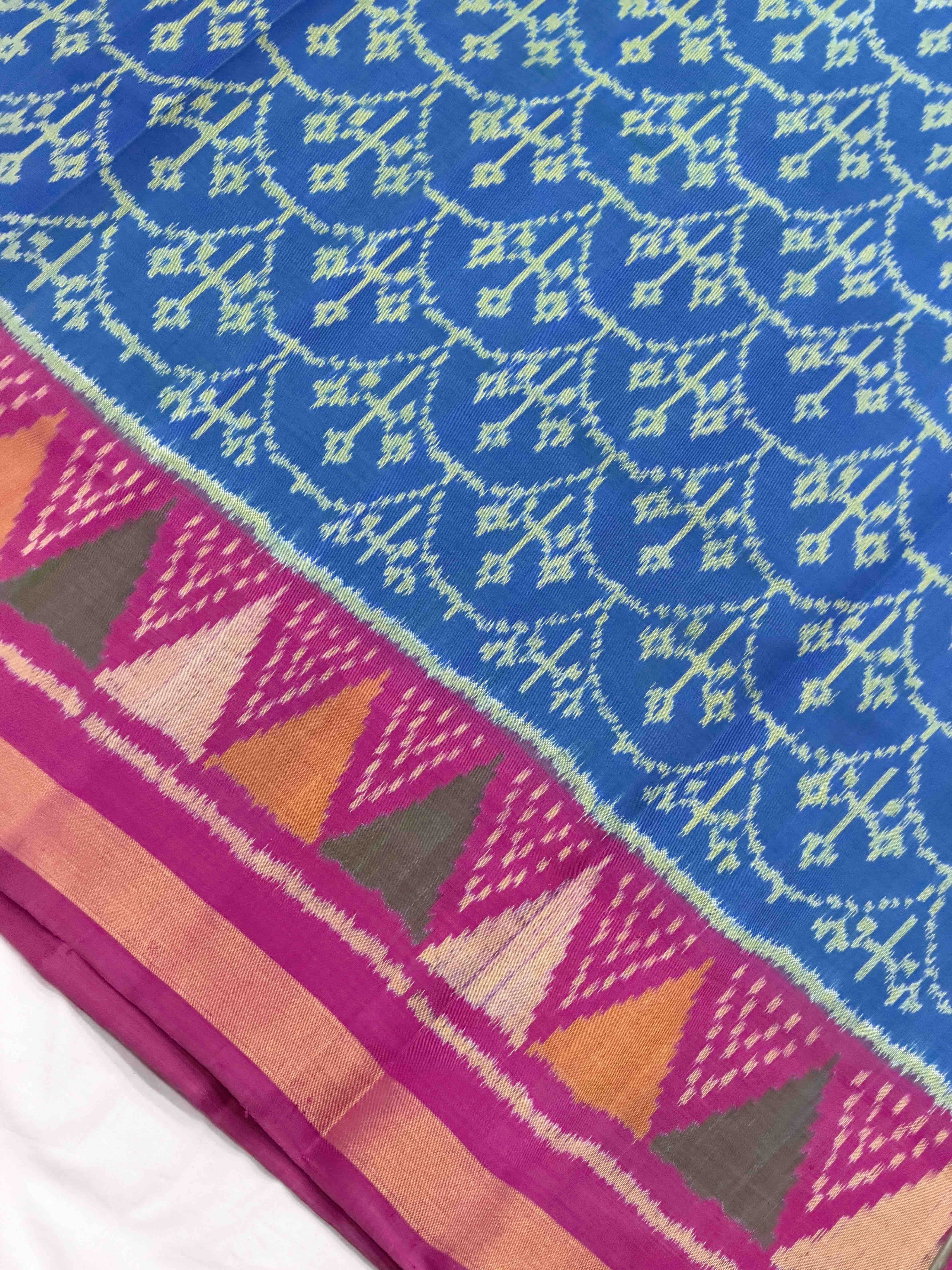 Pink & Peacok blue palm leaf Patola Saree
