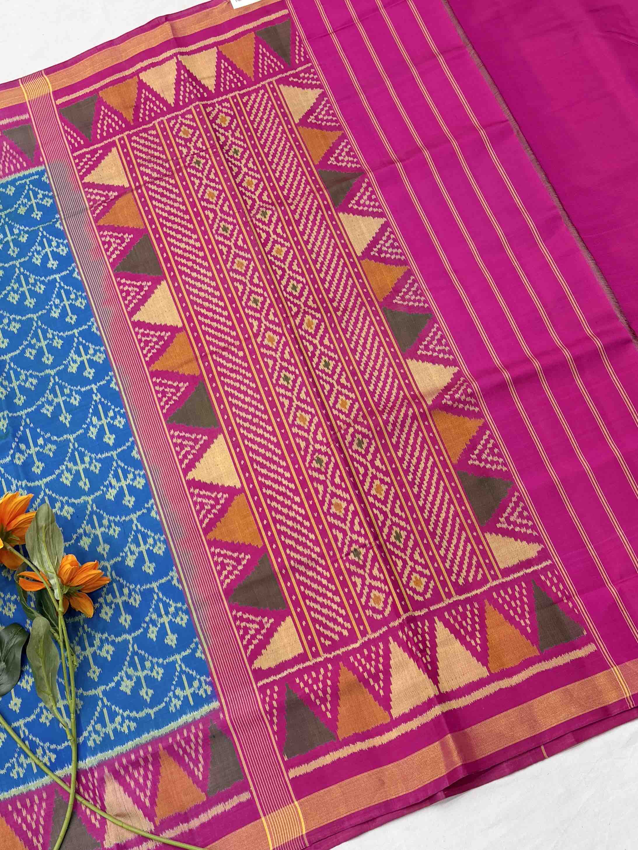 Pink & Peacok blue palm leaf Patola Saree