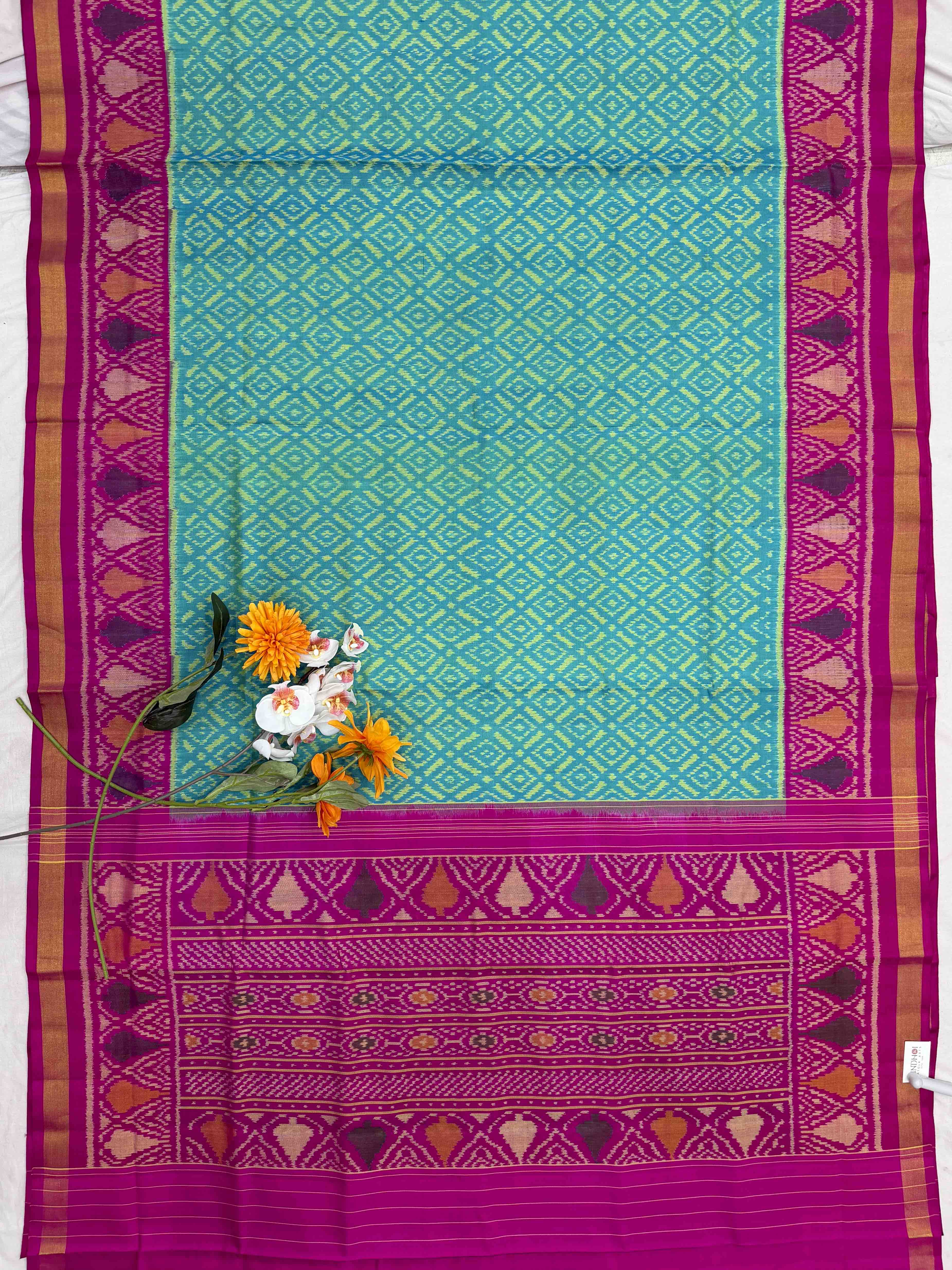 Pink & Aqua Blue Beautiful Patola Saree in small zari border