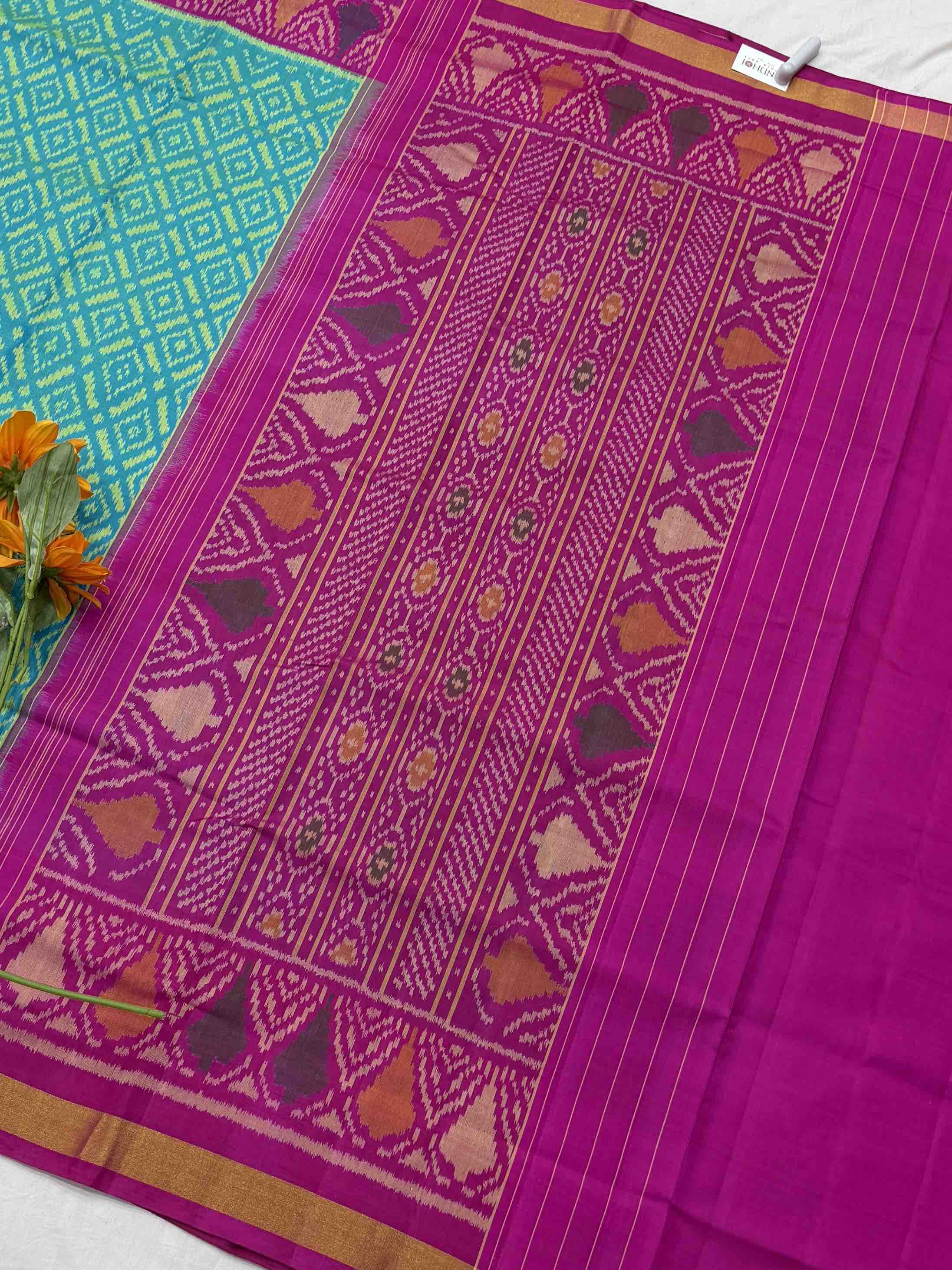 Pink & Aqua Blue Beautiful Patola Saree in small zari border
