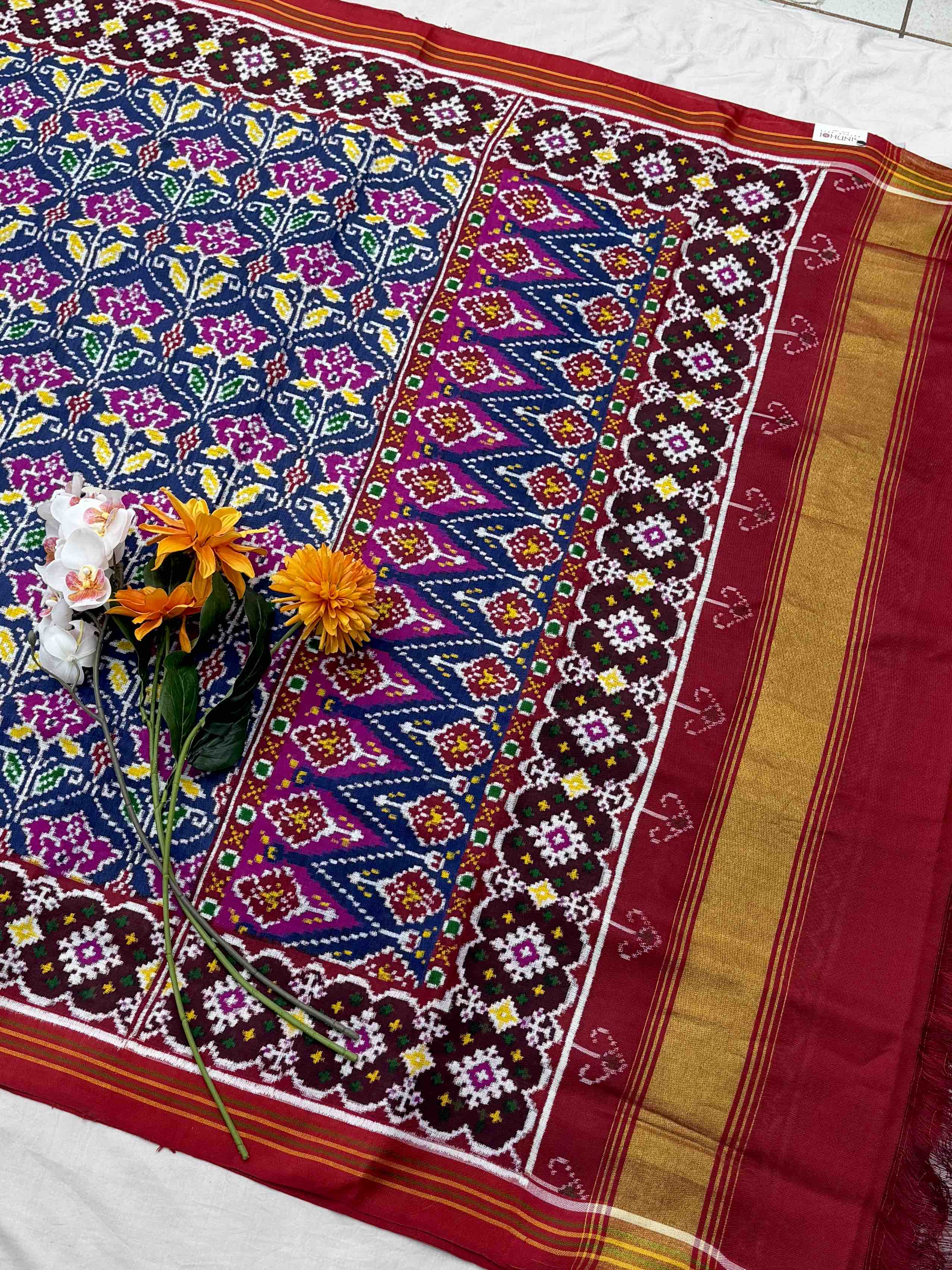Indigo & Red floral Double ikat Patola Saree