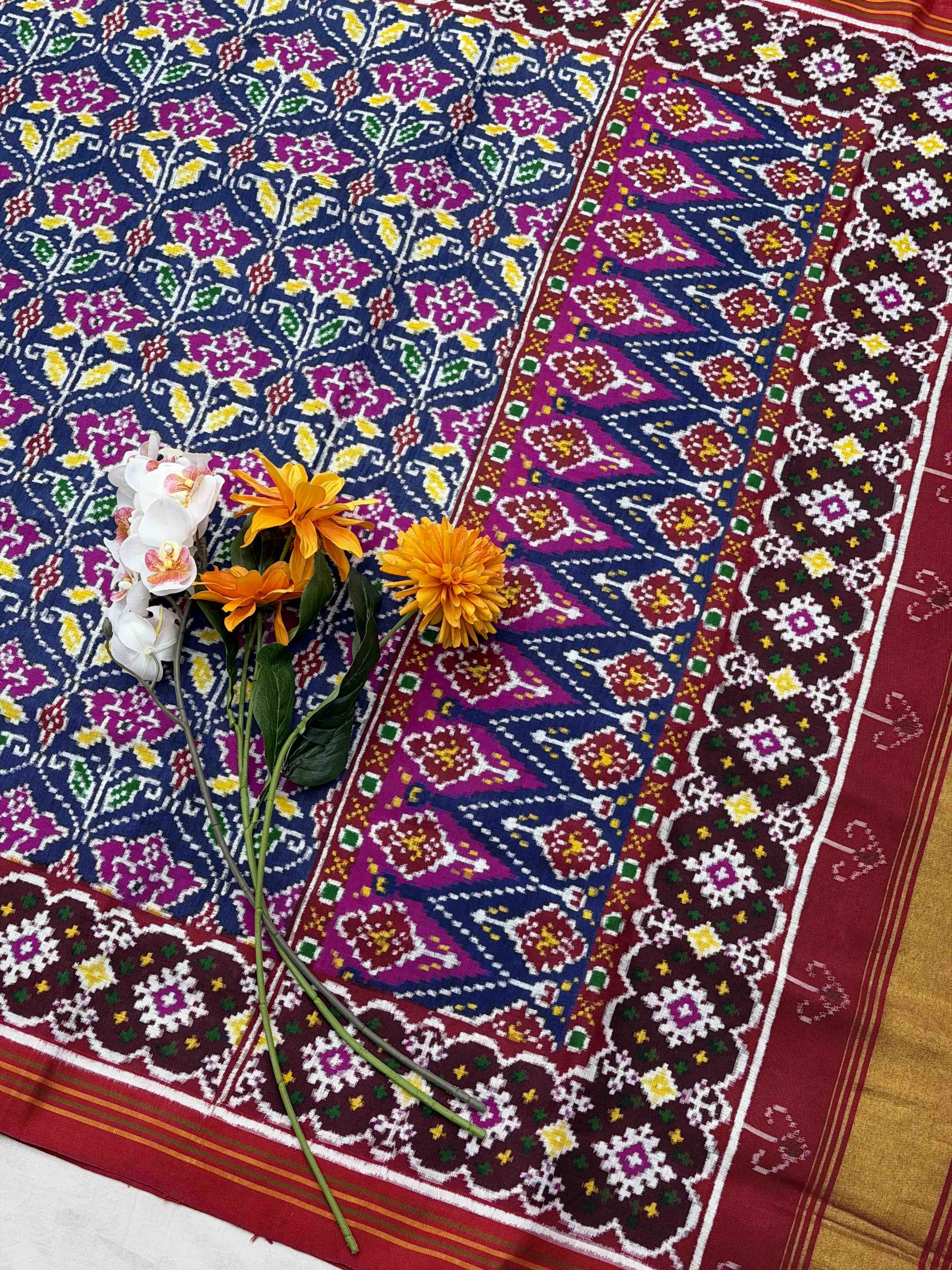 Indigo & Red floral Double ikat Patola Saree