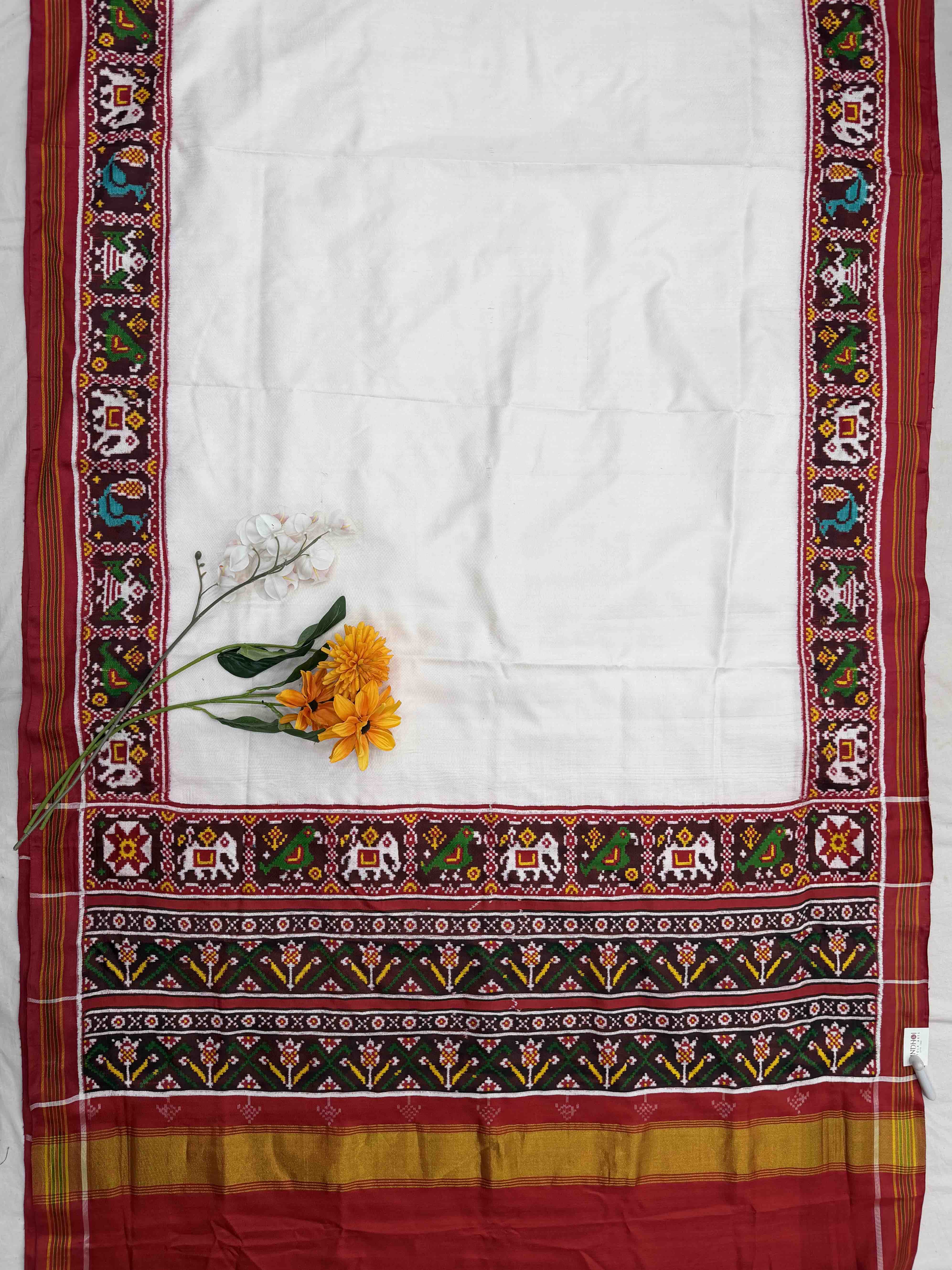 Red & white plain double ikat Patola Saree