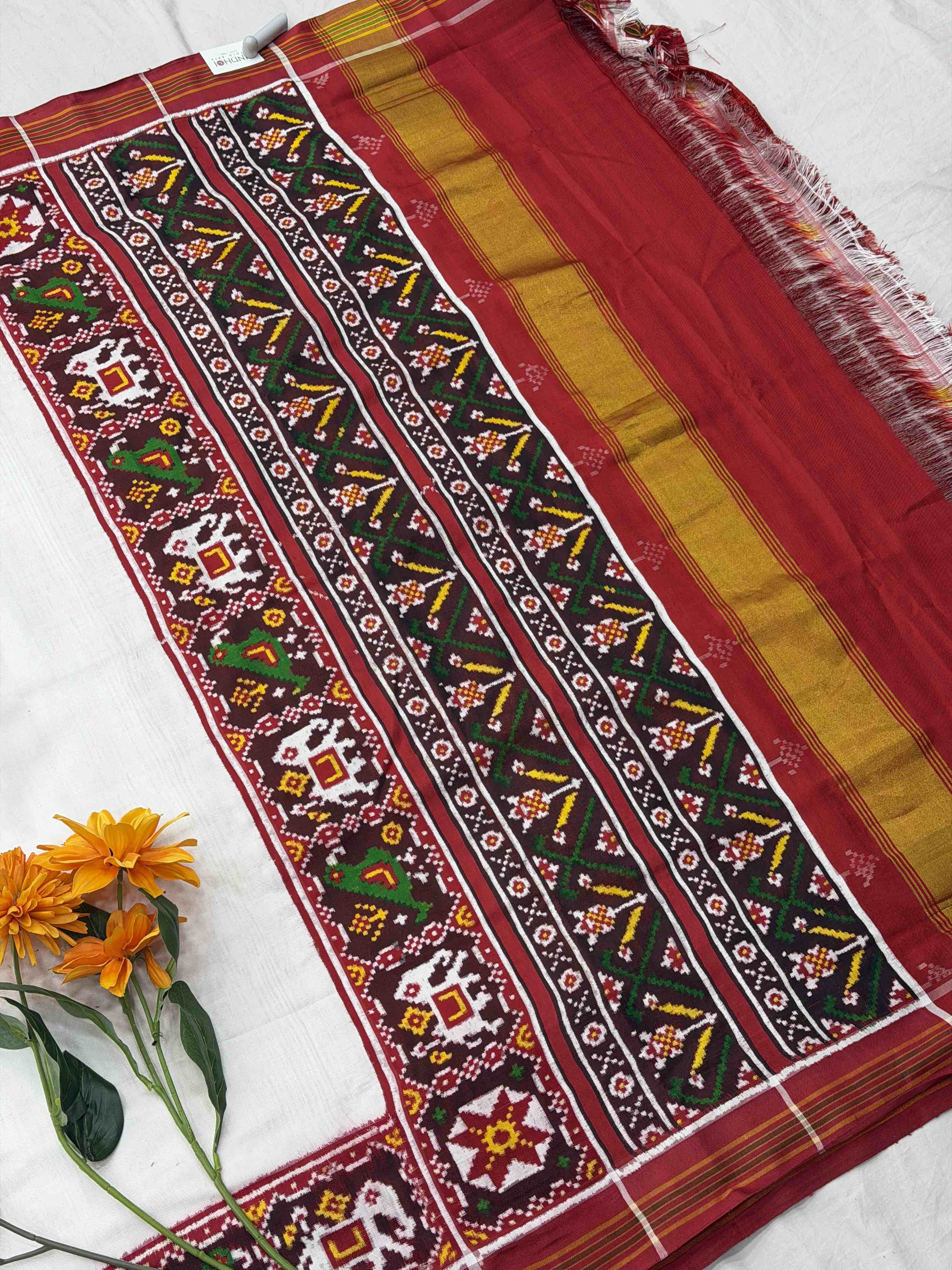 Red & white plain double ikat Patola Saree