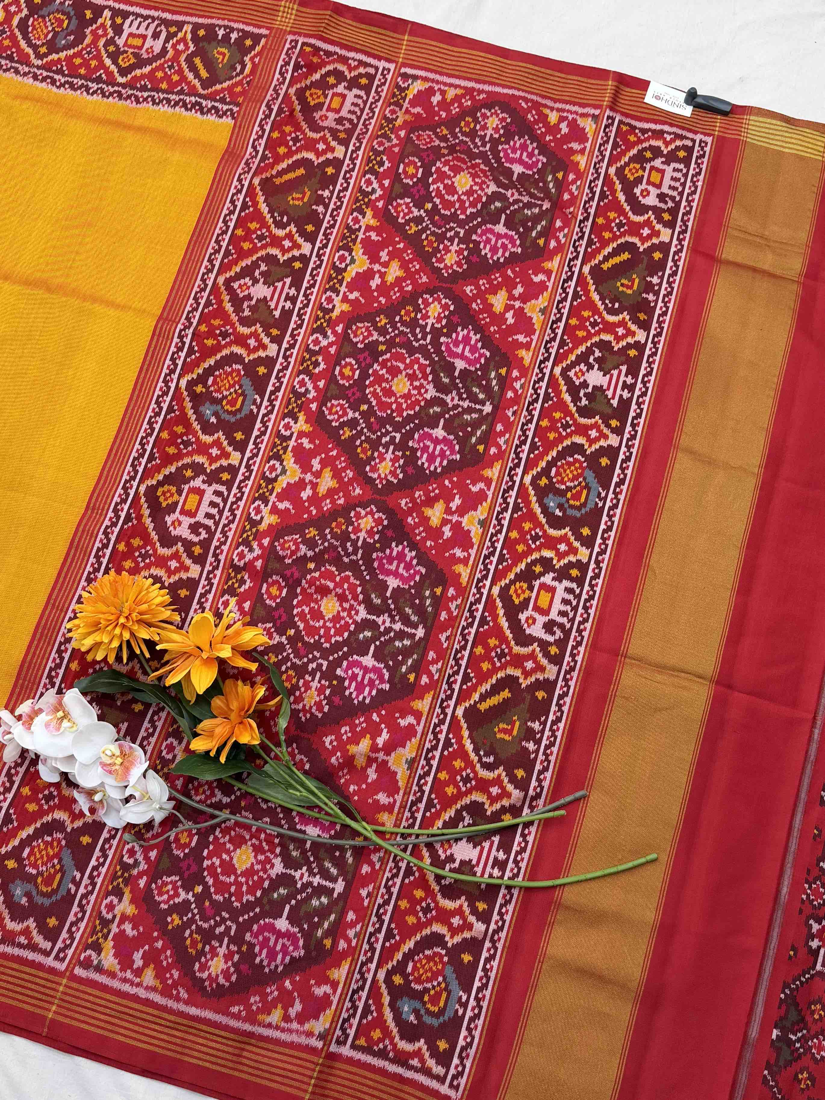 Red & mustered Plain Gala Border Patola with Navaratn design blouse