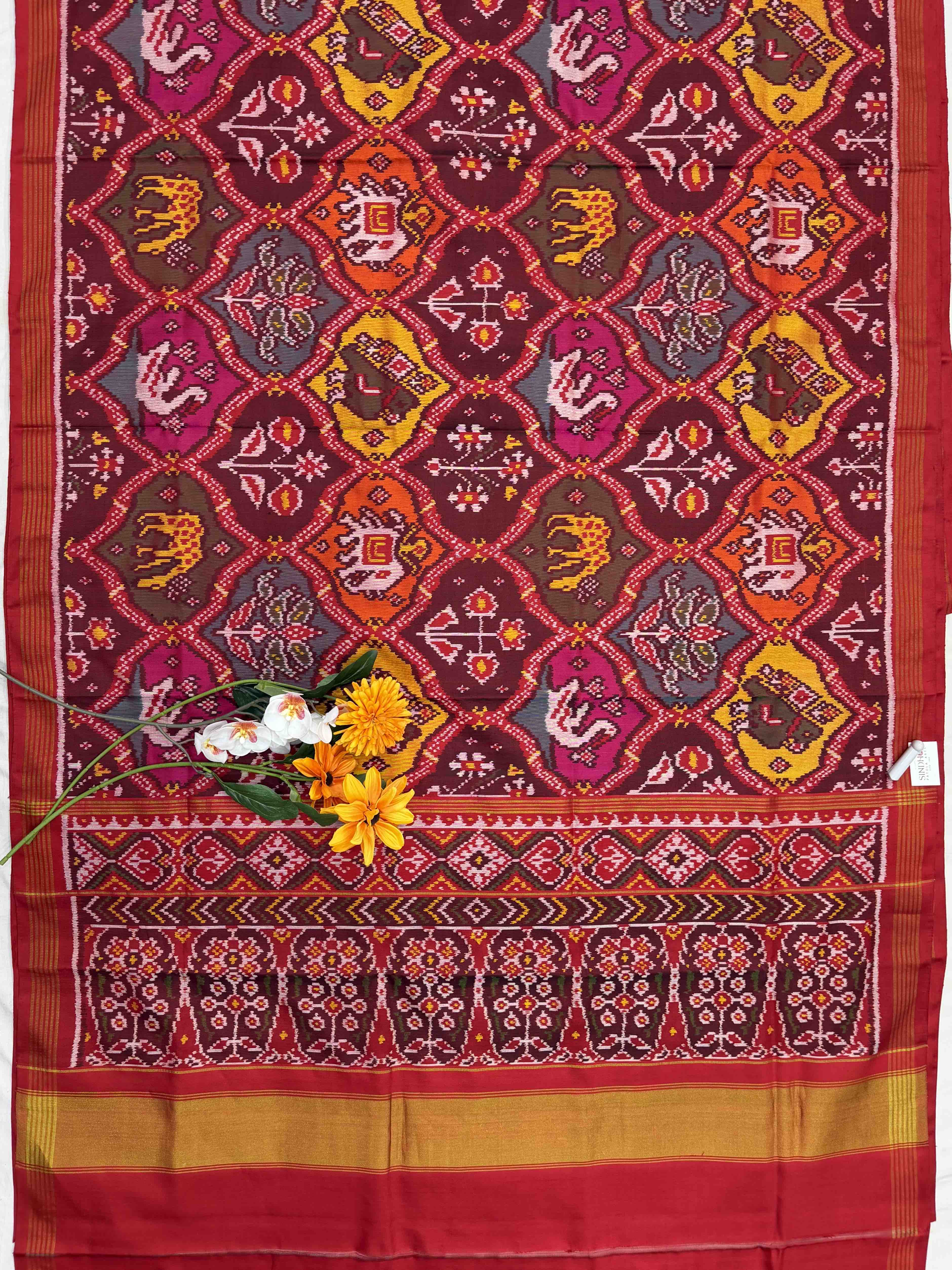 Red with multi coloured motifs Single ikat Patan Patola