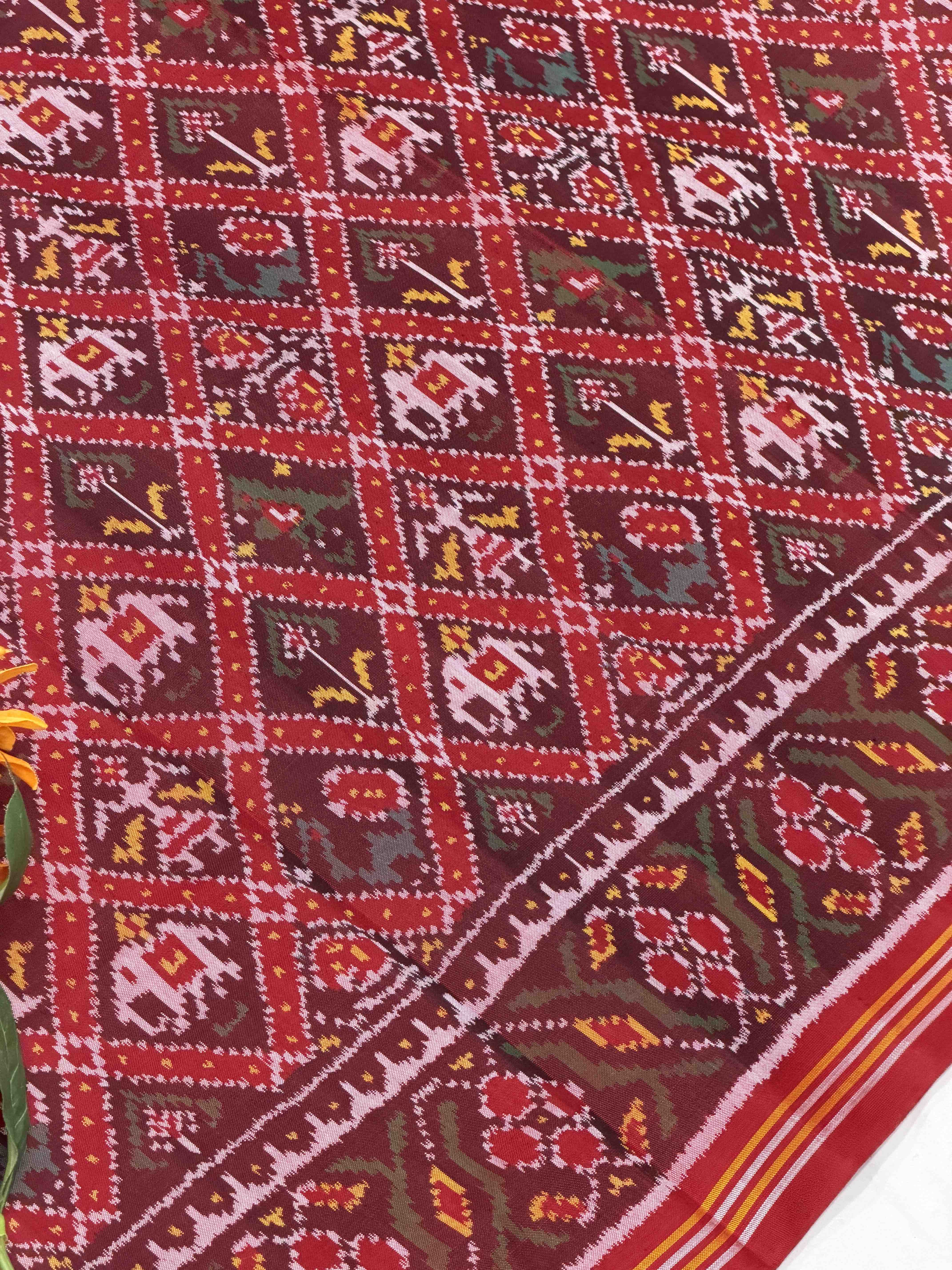 Maroon brown Narikunj single ikat Patola saree