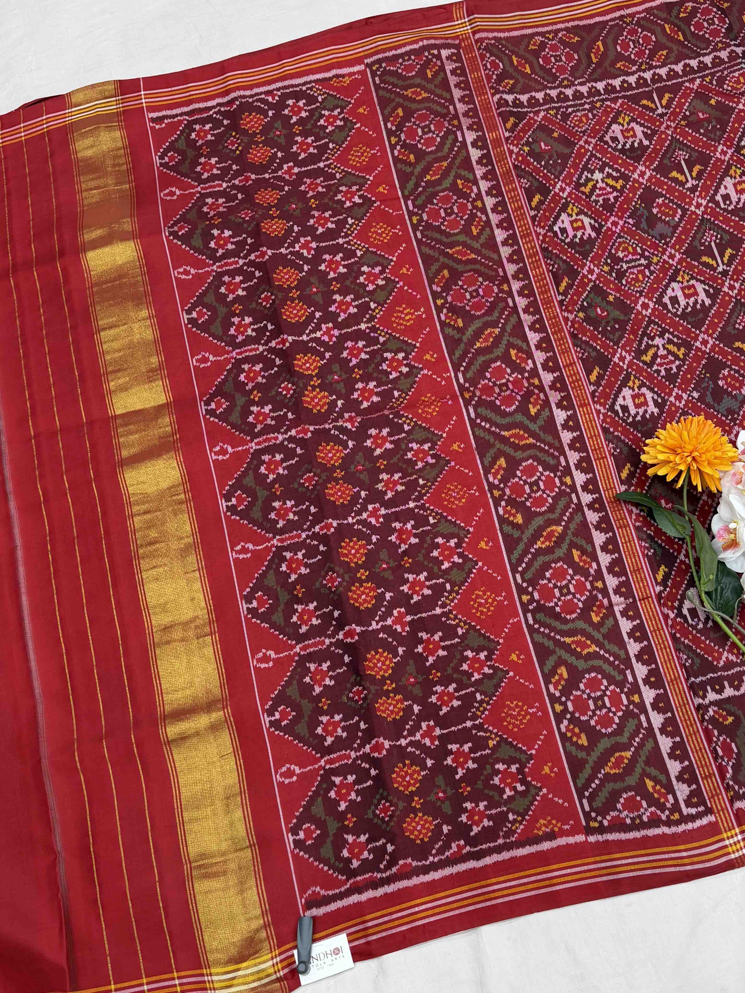 Maroon brown Narikunj single ikat Patola saree