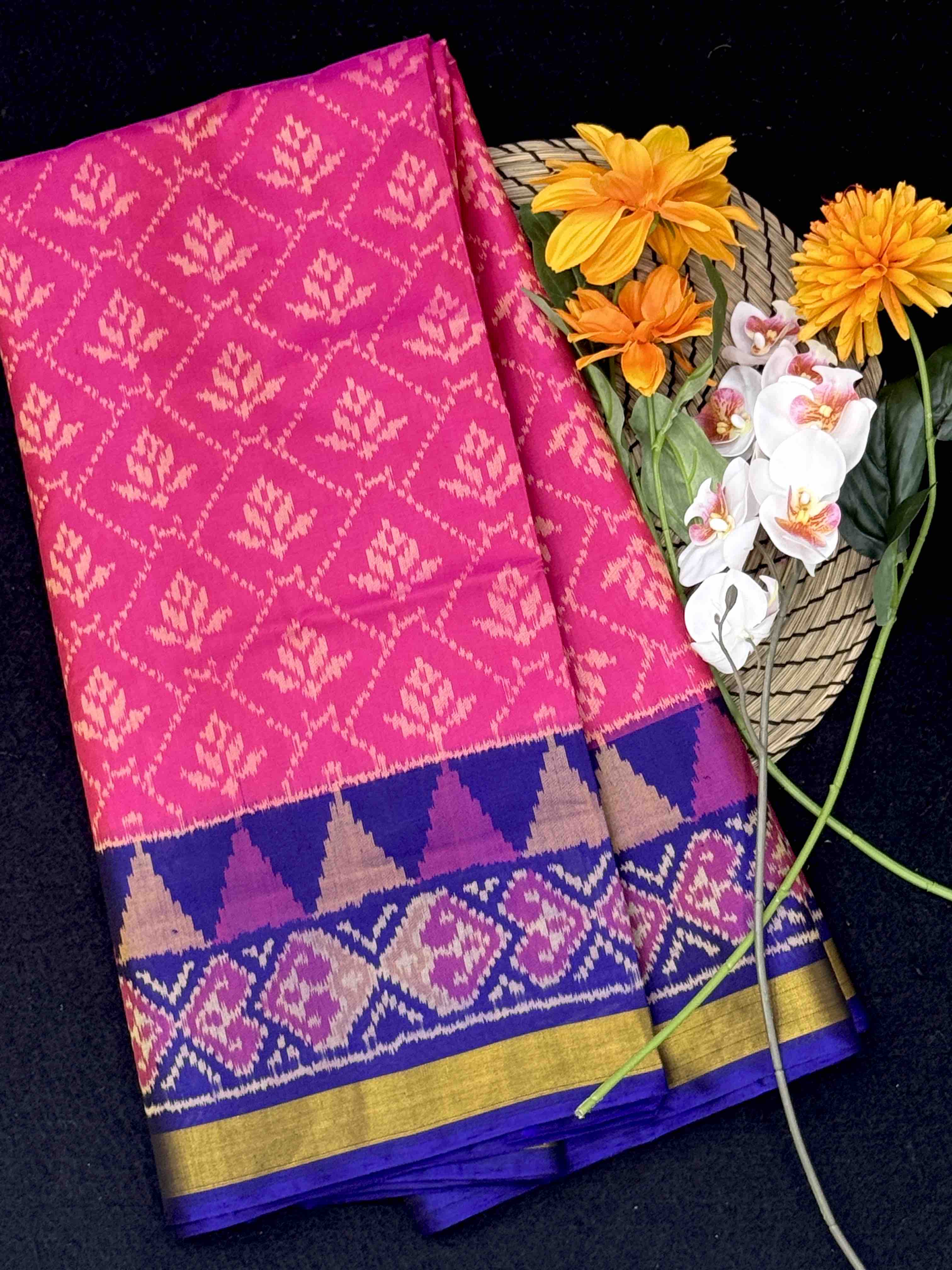 Blue & Pink Fancy Flower Designer Patola Saree