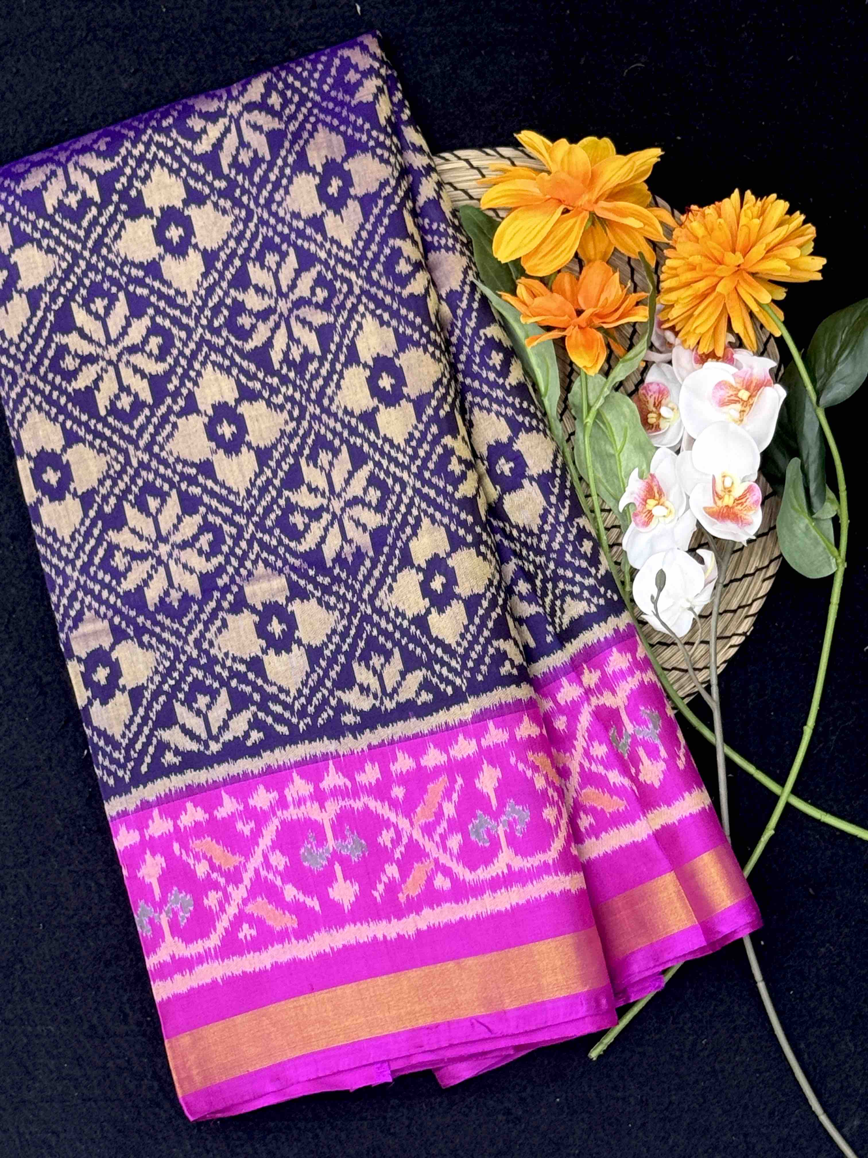 Blue & Pink Fancy Flower Patola Saree