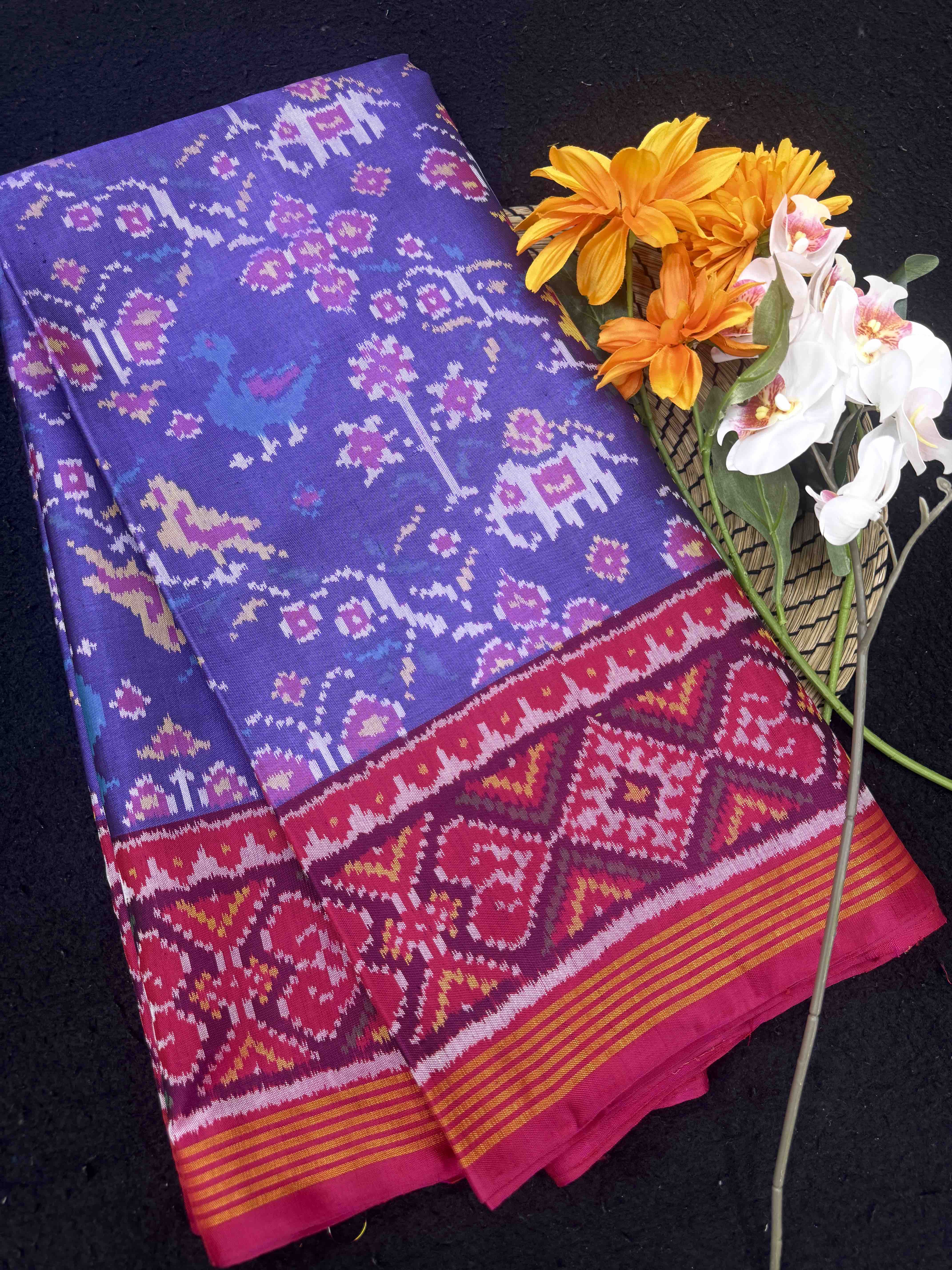 Purplish Blue & Pink Narikunj Single Ikat Patan Patola Saree