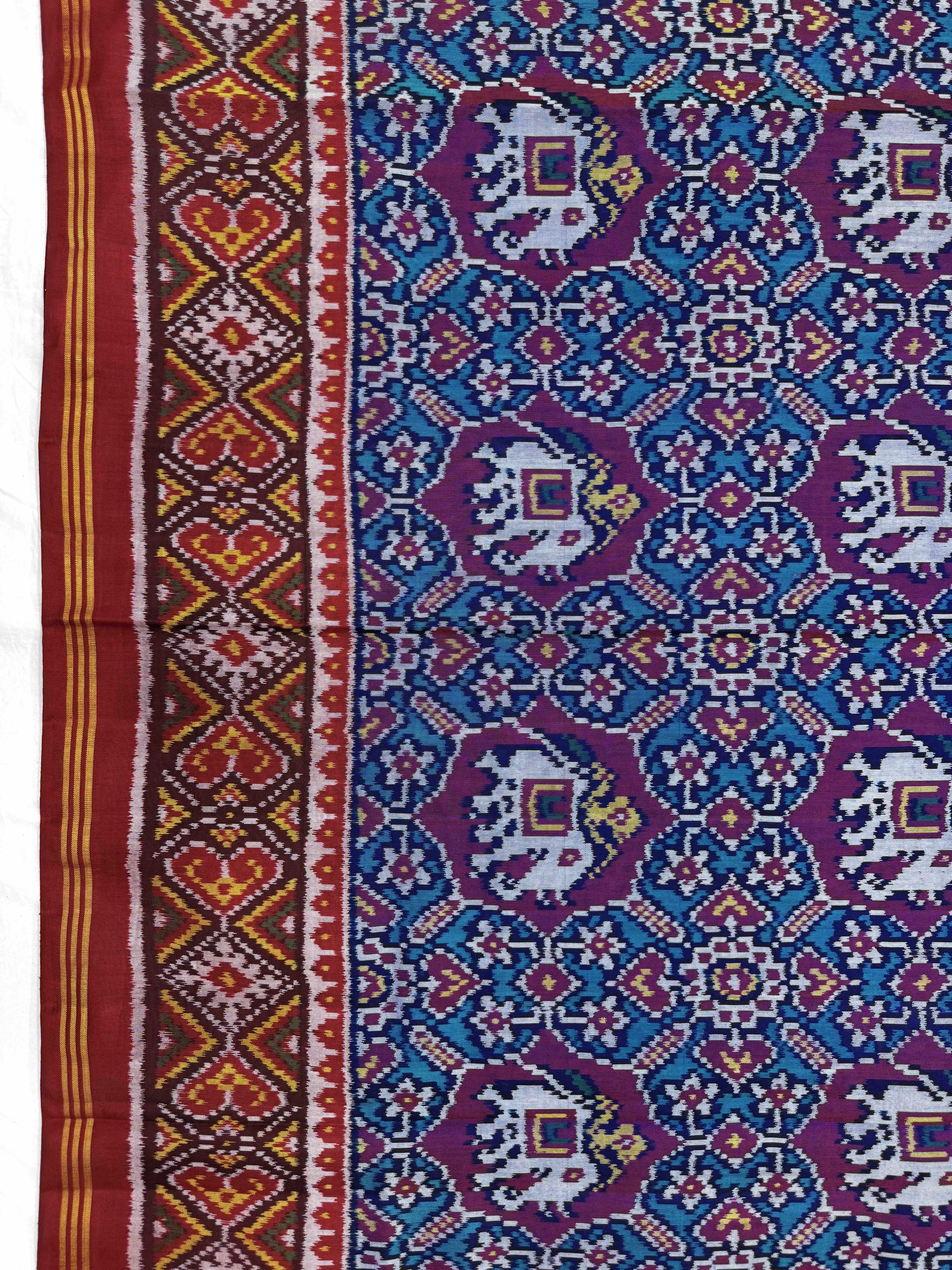 Red & Turquoise Manekchwok Narikunj Mix Single Ikat Patan Patola Saree