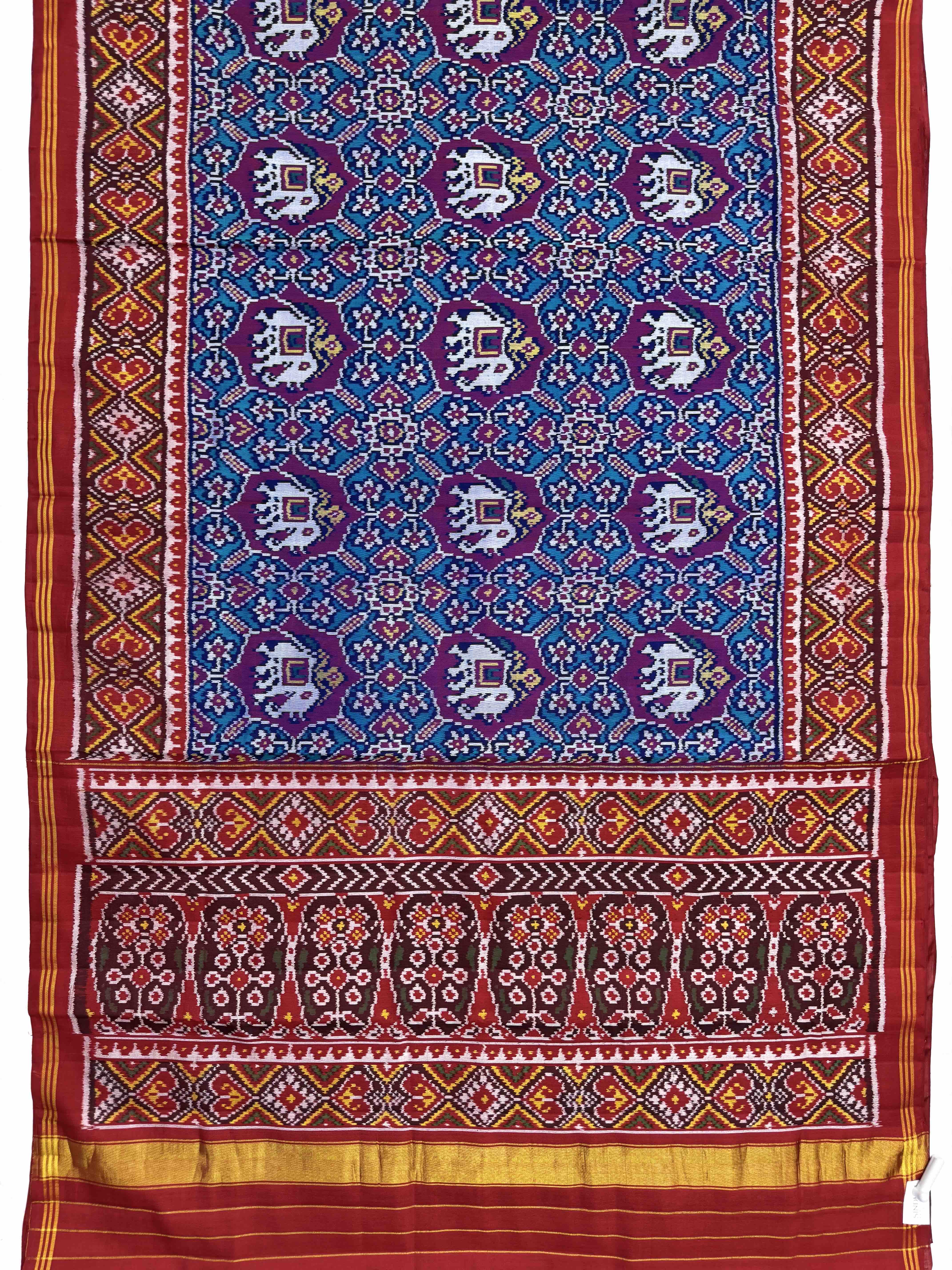 Red & Turquoise Manekchwok Narikunj Mix Single Ikat Patan Patola Saree