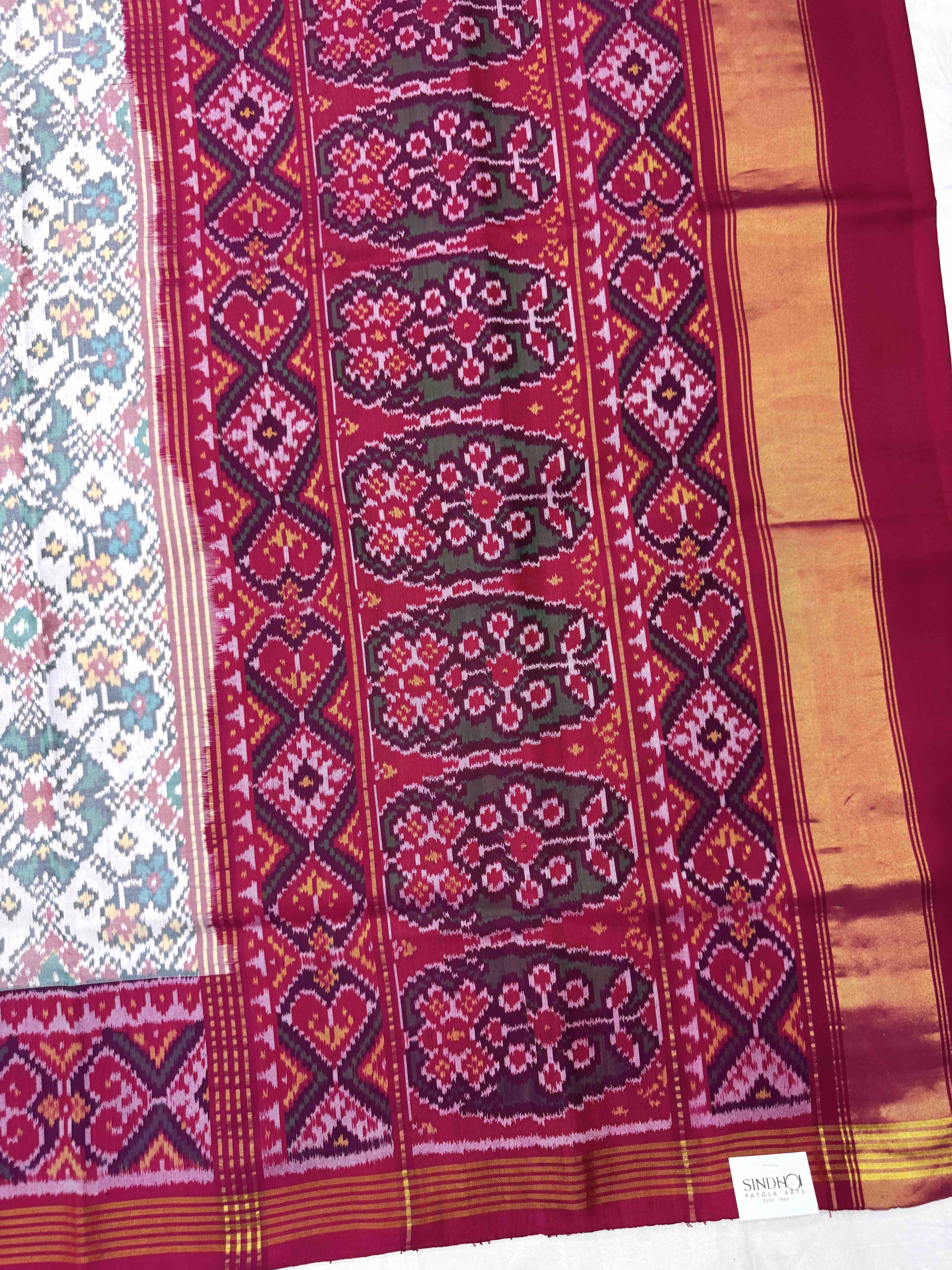 Pink & White Navratan Single Ikat Patan Patola Saree