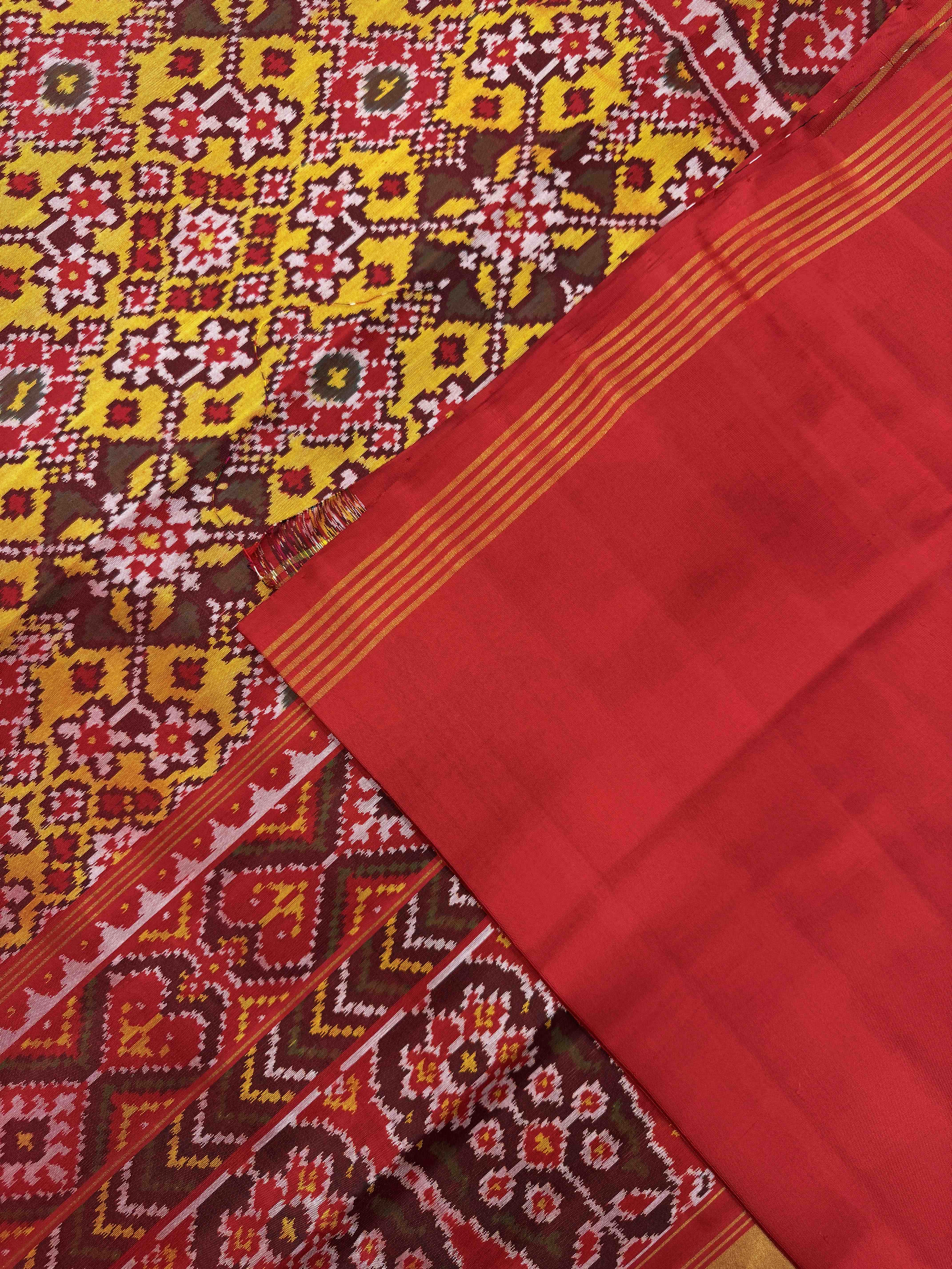 Red & Yellow Navrtatan Single Ikat Patan Patola Saree