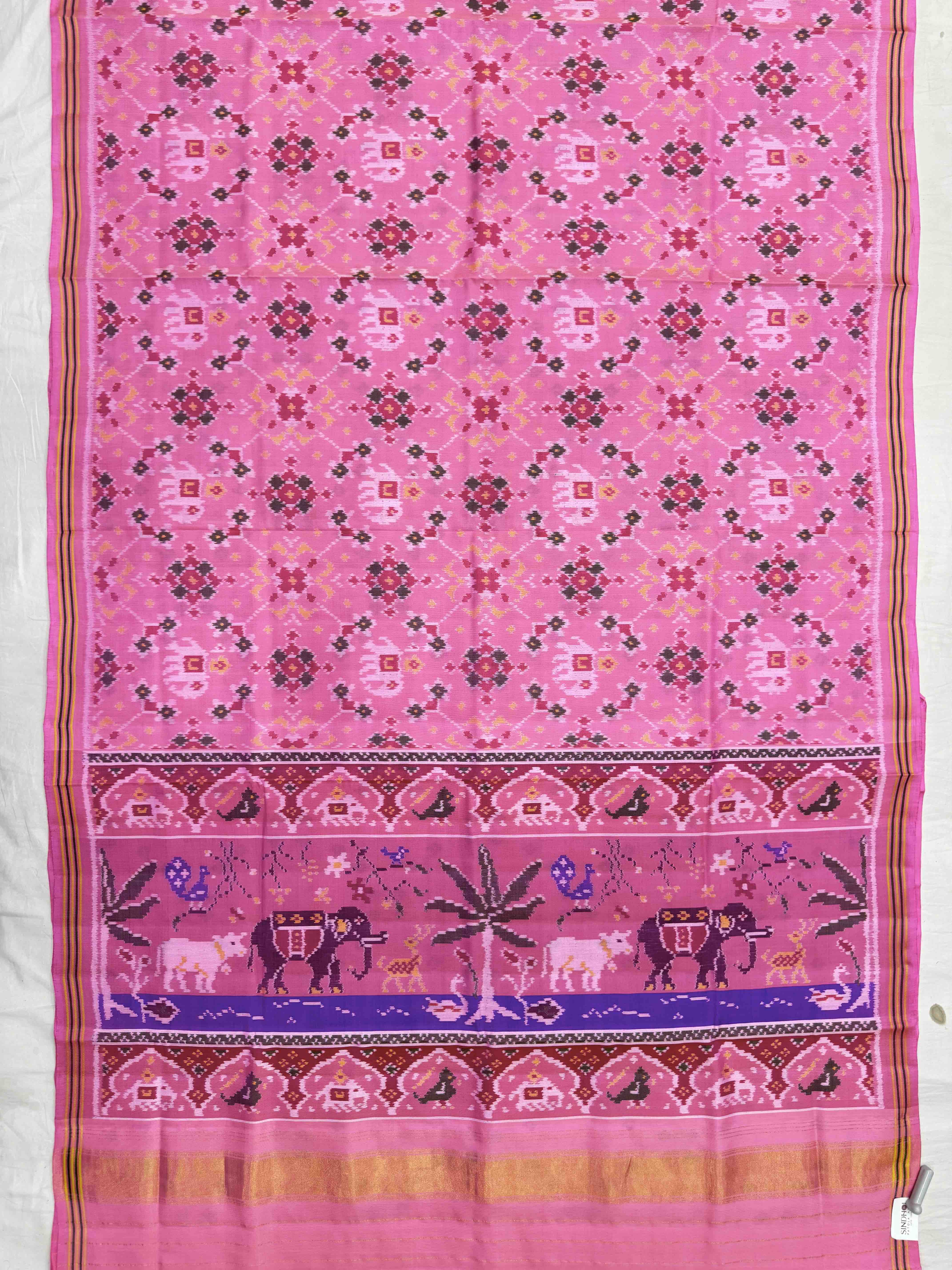 Light Pink Elephant Navratan Mix Single Ikat Patan Patola Saree
