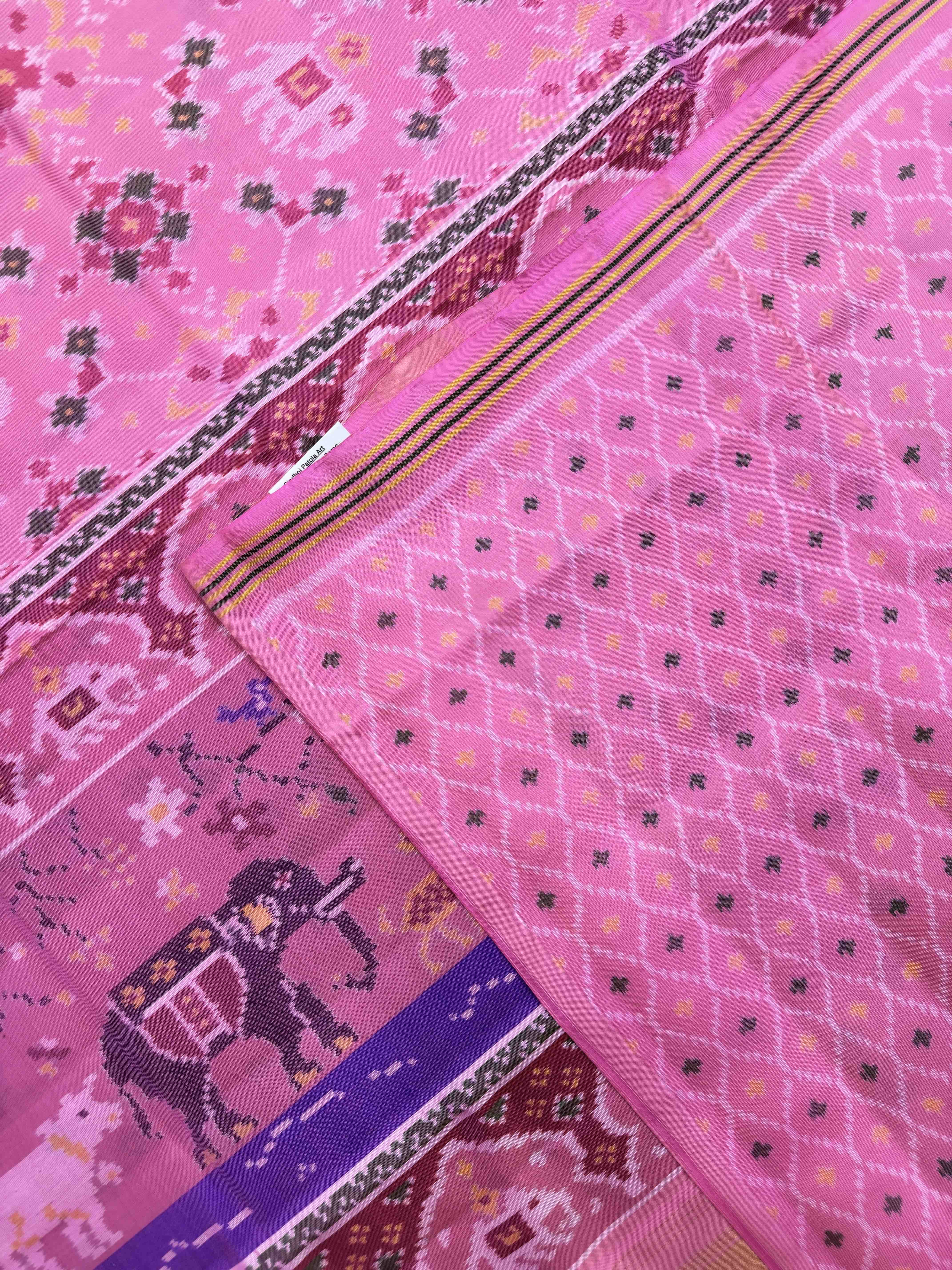 Light Pink Elephant Navratan Mix Single Ikat Patan Patola Saree