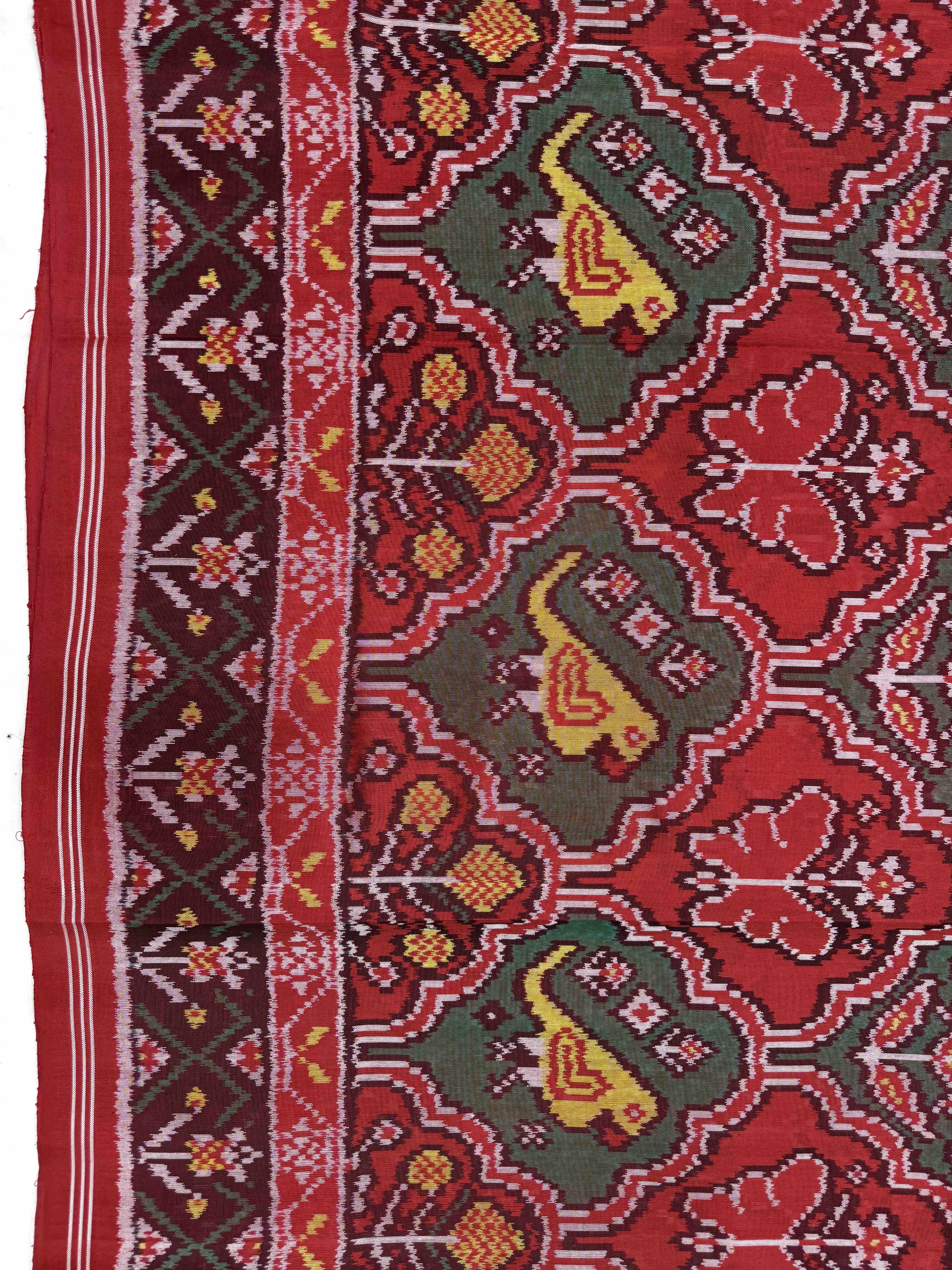 Red Big Figure Haathi Popat Chhabdi Single Ikat Patan Patola Saree