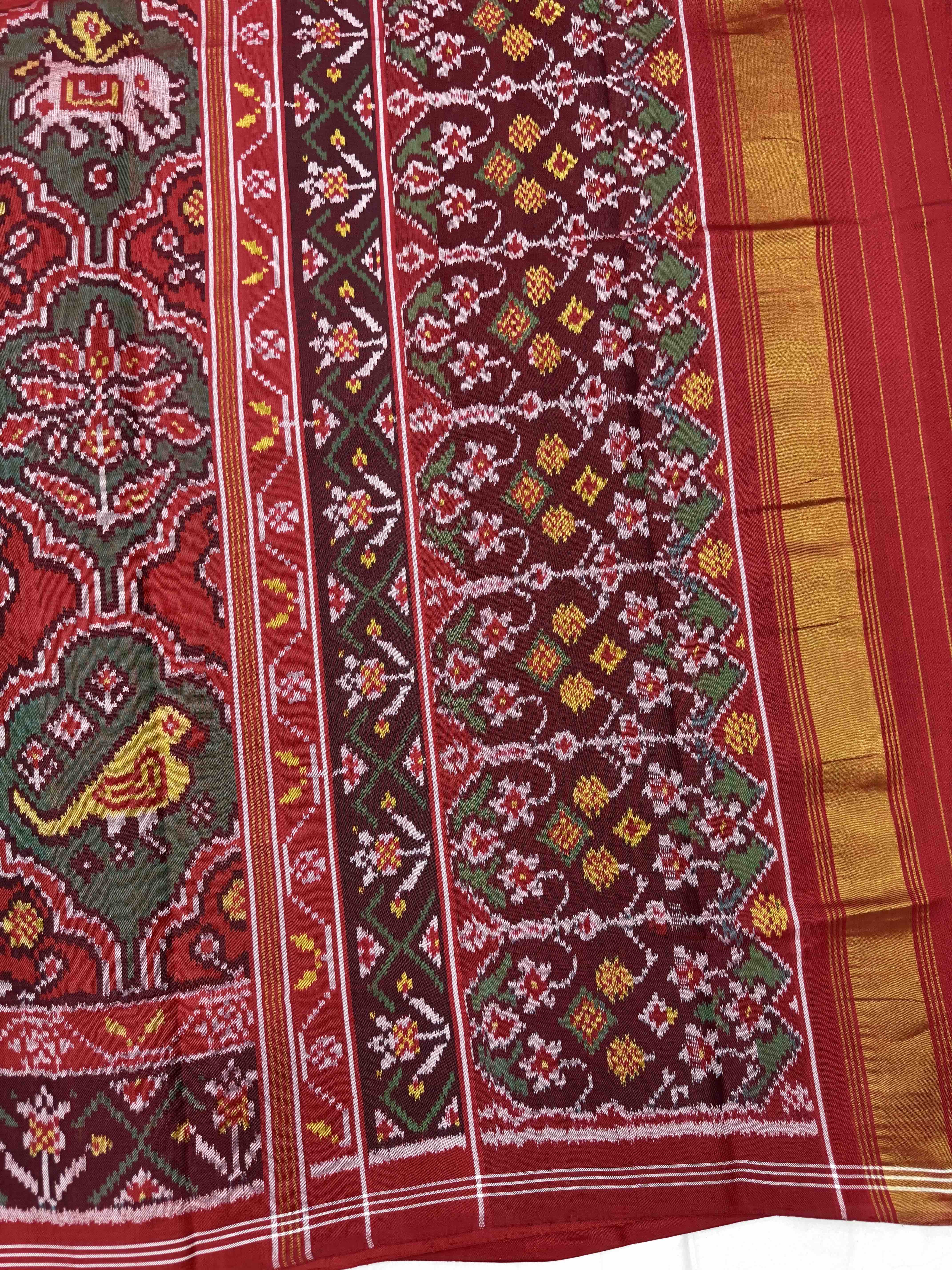 Red Big Figure Haathi Popat Chhabdi Single Ikat Patan Patola Saree